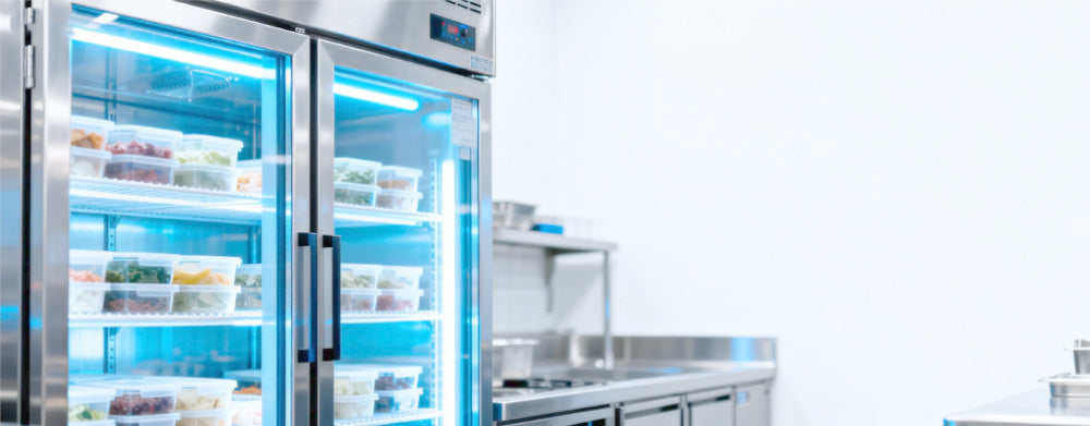 An Orikool commercial refrigerator, full of food, with a stable temperature suitable for food preservation.