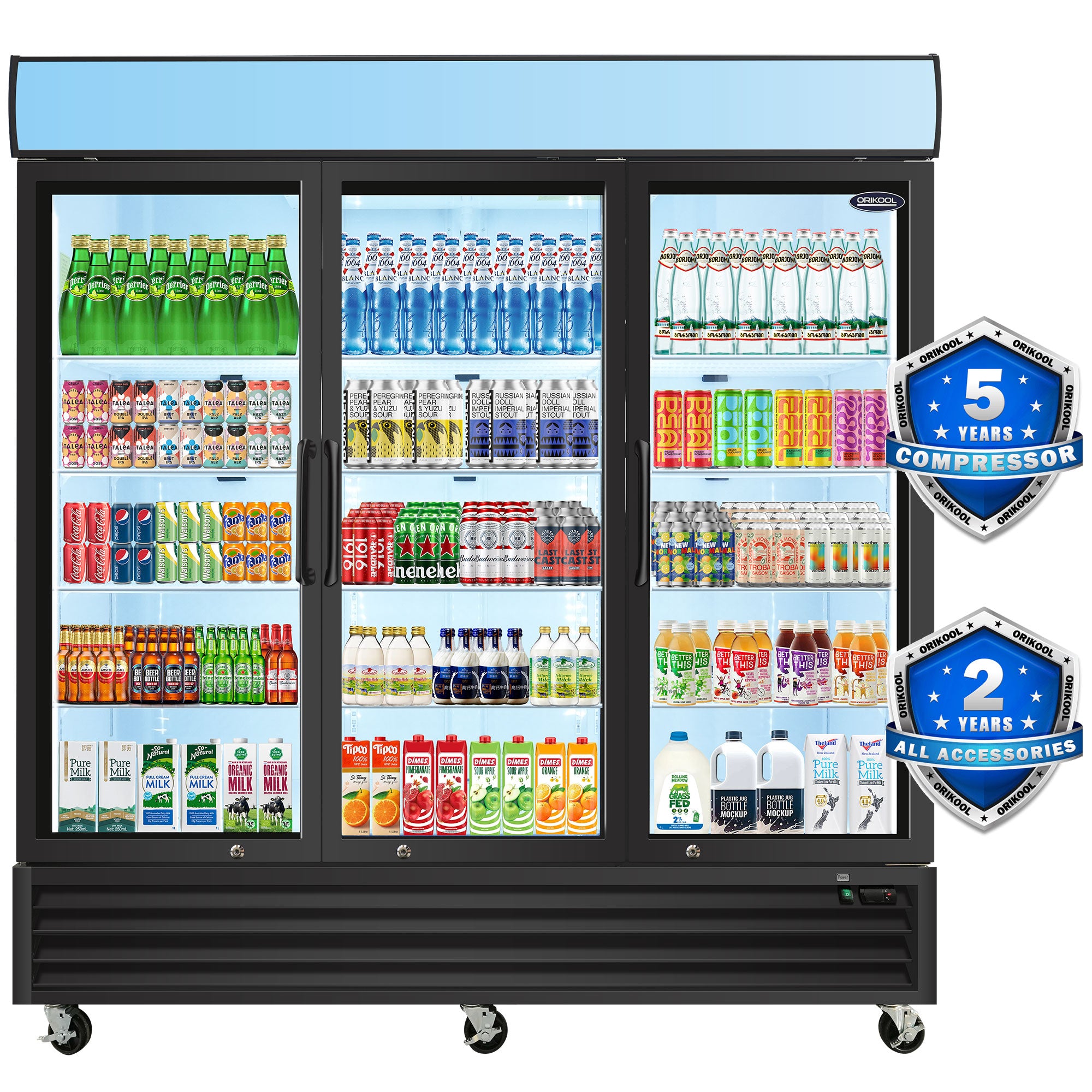 ORIKOOL 81" Commercial Display Merchandiser Refrigerator, 3 Swing Glass Doors, 70 cu.ft. with LED Lighting and Top Panel