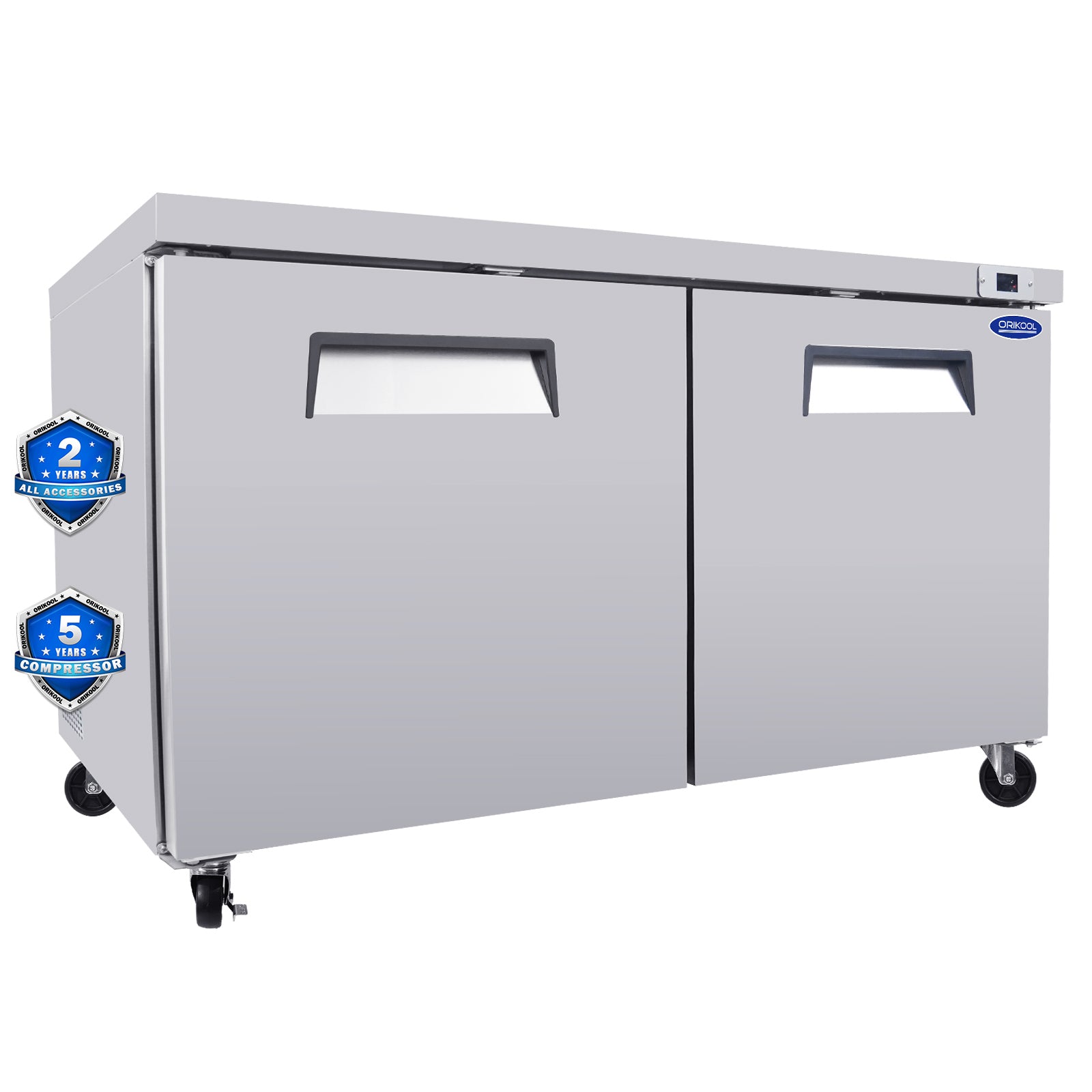 ORIKOOL 60'' 2-Door 18.5 cu. ft. Stainless Steel Undercounter & Work Top Refrigerator TUC60R