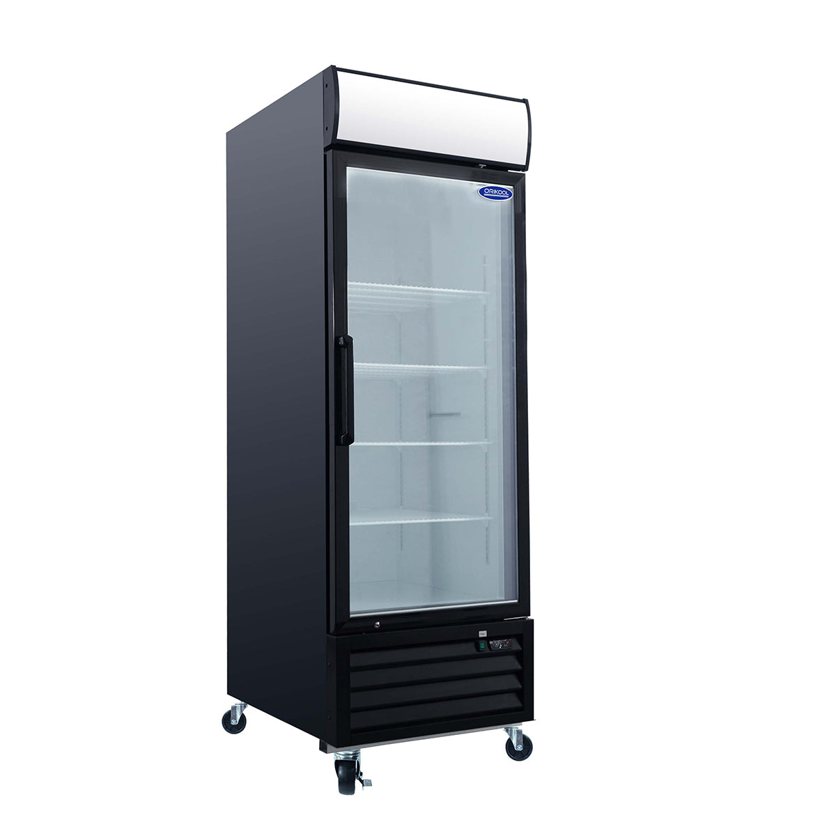 Expositor comercial ORIKOOL de 27", con puerta batiente de vidrio, 20 pies cúbicos, iluminación LED y panel superior.