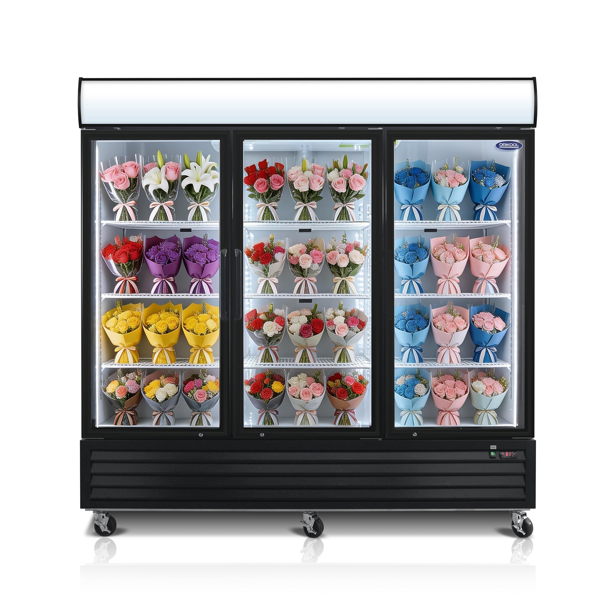 ORIKOOL 81" Commercial Flower Display Merchandiser Refrigerator, 3 Swing Glass Doors, 70 cu.ft. with LED Lighting and Top Panel