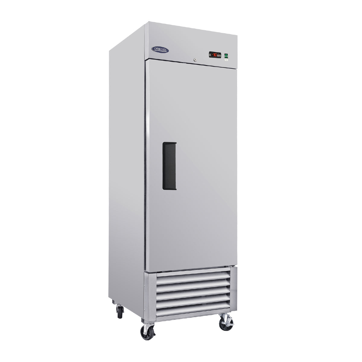 Congelador comercial vertical ORIKOOL de 27" en acero inoxidable, 1 puerta sólida, 23 pies cúbicos.