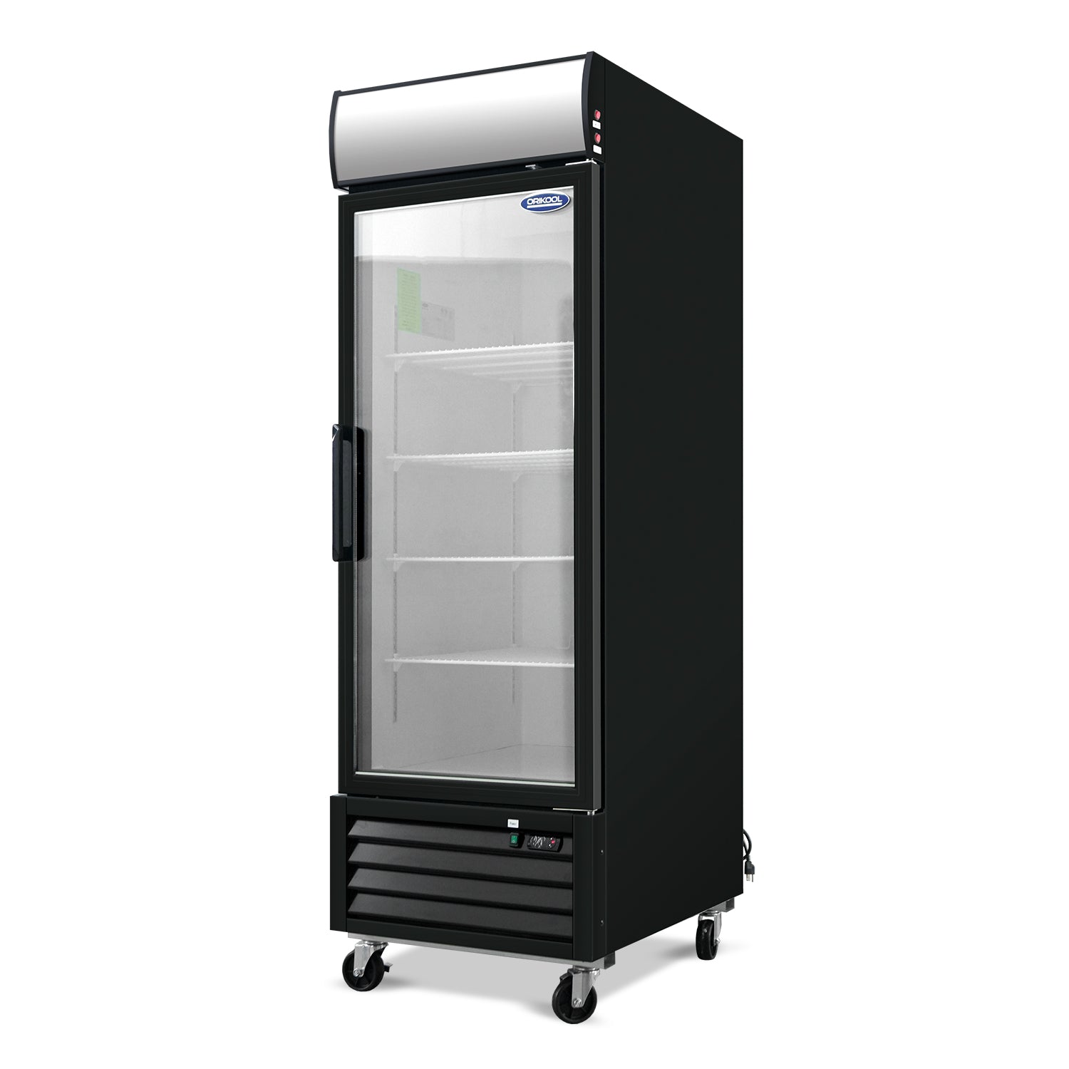 Refrigerador comercial ORIKOOL de 27", 1 puerta abatible de vidrio, 20 pies cúbicos con iluminación LED y panel superior