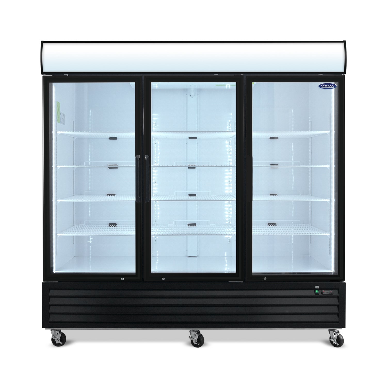 Expositor comercial ORIKOOL de 81", 3 puertas batientes de vidrio, 70 pies cúbicos, con iluminación LED y panel superior