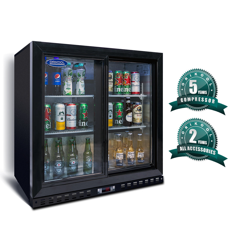 Refrigerador de bebidas ORIKOOL de 35'', enfriador con barra trasera y 2 puertas corredizas de vidrio, 7.4 pies cúbicos.