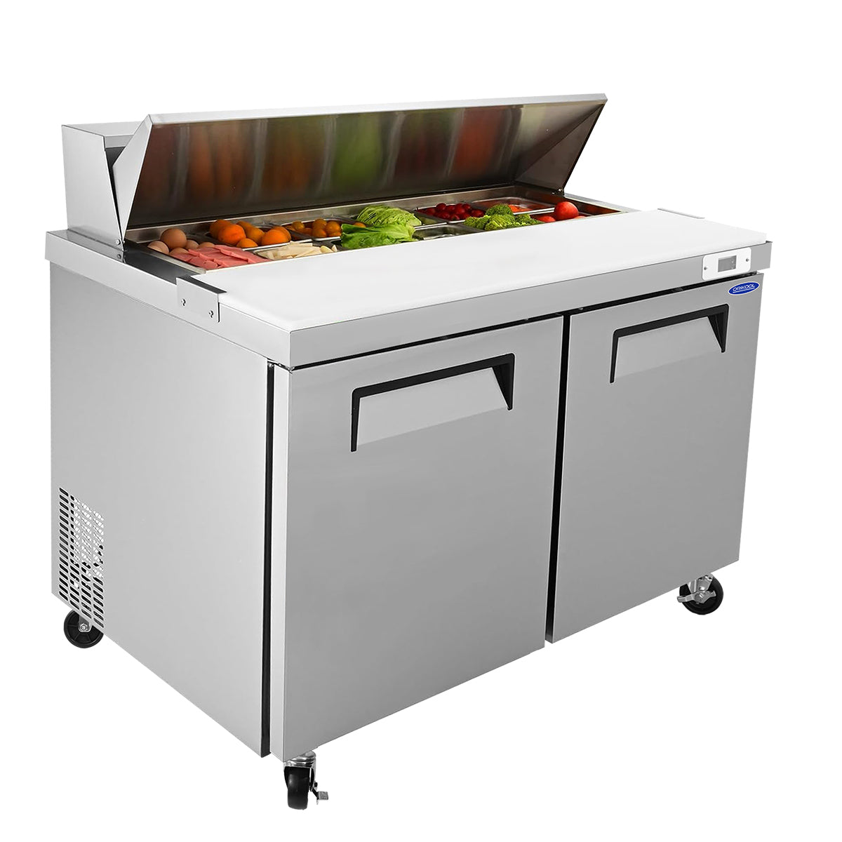Refrigerador ORIKOOL de 48" para preparar ensaladas y sándwiches, 14 pies cúbicos de acero inoxidable con 12 bandejas