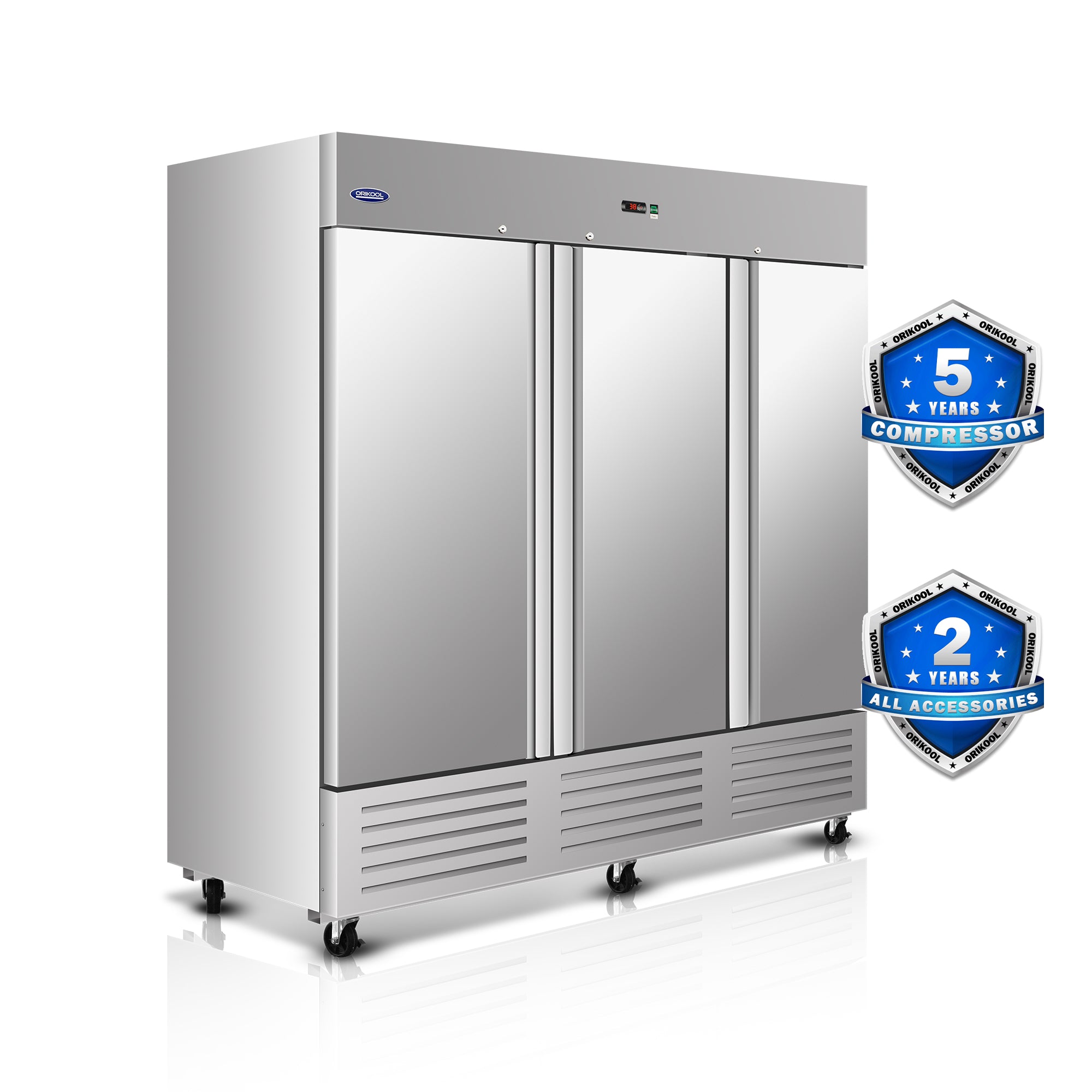 Orikool 81" W Commercial Refrigerator, 72 Cu.ft Reach-In Triple Door Stainless Steel commercial fridge, 12 Shelves, Fan Cooling, Auto Defrost, Digital Thermostat