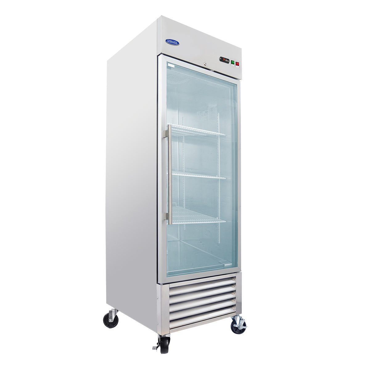 Refrigerador comercial ORIKOOL de 27" de acero inoxidable, 1 puerta de vidrio, 23 pies cúbicos.
