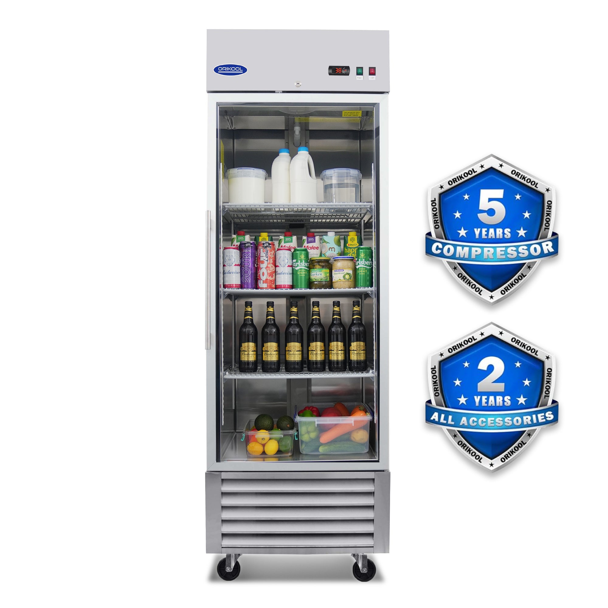 ORIKOOL 27" Commercial Reach-In Refrigerator in Stainless Steel, 1 Glass Door, 23 cu.ft.