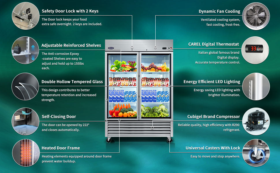 Refrigerador comercial ORIKOOL de 54" de acero inoxidable, 2 puertas de vidrio, 49 pies cúbicos.