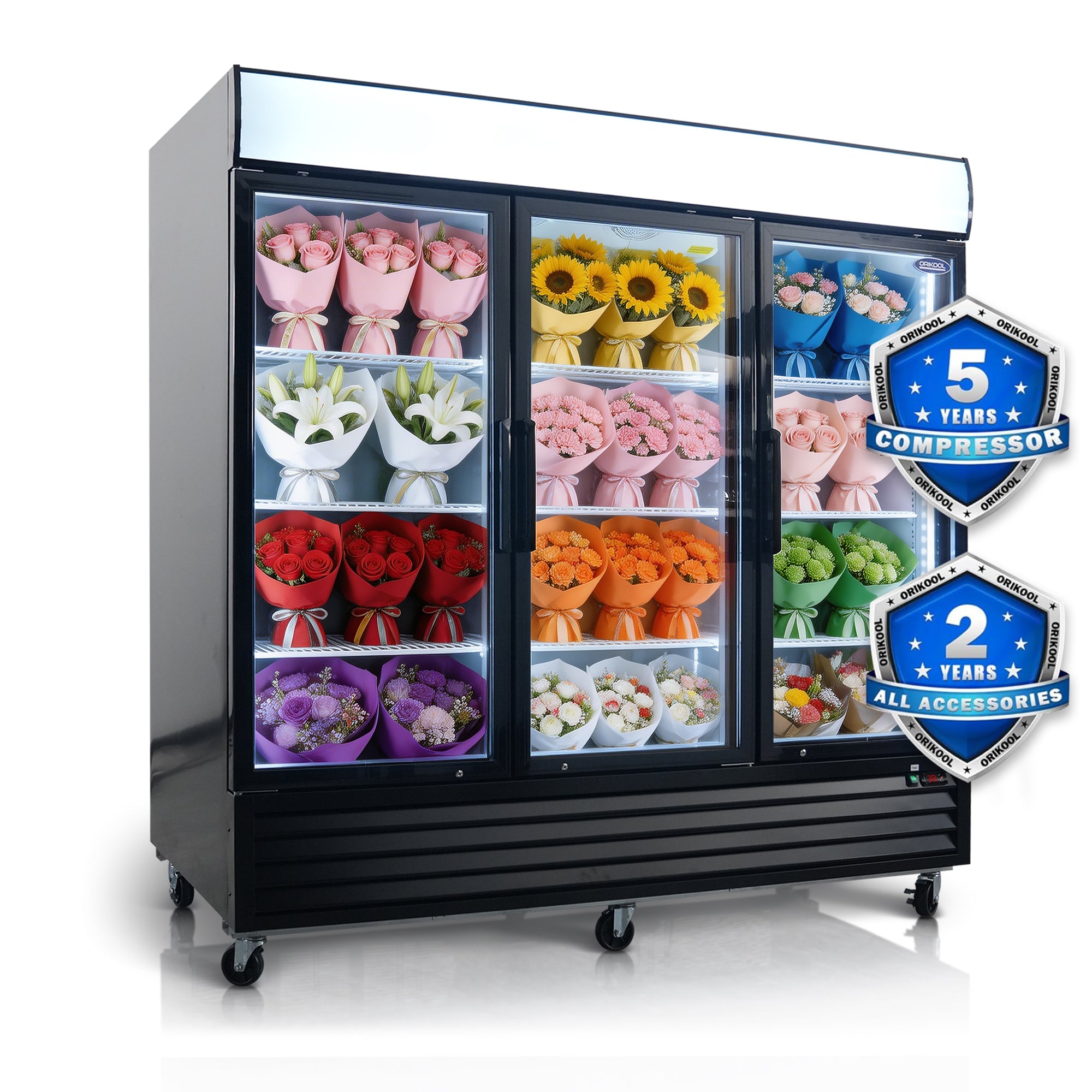 ORIKOOL 81" Commercial Flower Display Merchandiser Refrigerator, 3 Swing Glass Doors, 70 cu.ft. with LED Lighting and Top Panel - Orikool