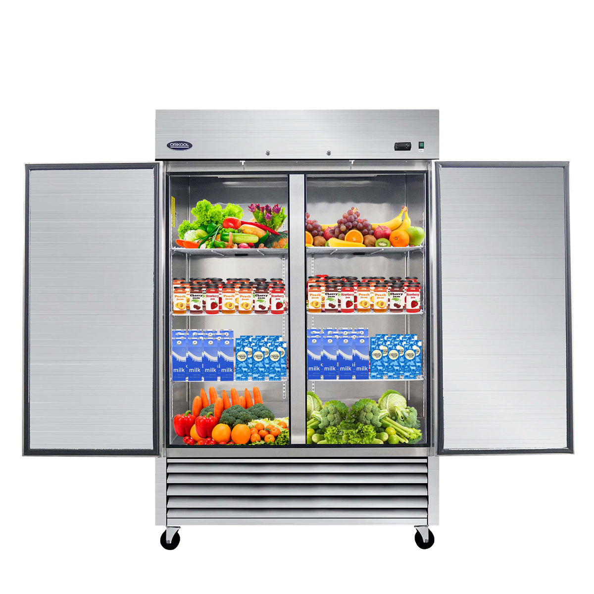 Refrigerador comercial (usado) ORIKOOL de 54" de acero inoxidable, 2 puertas sólidas, 49 pies cúbicos.