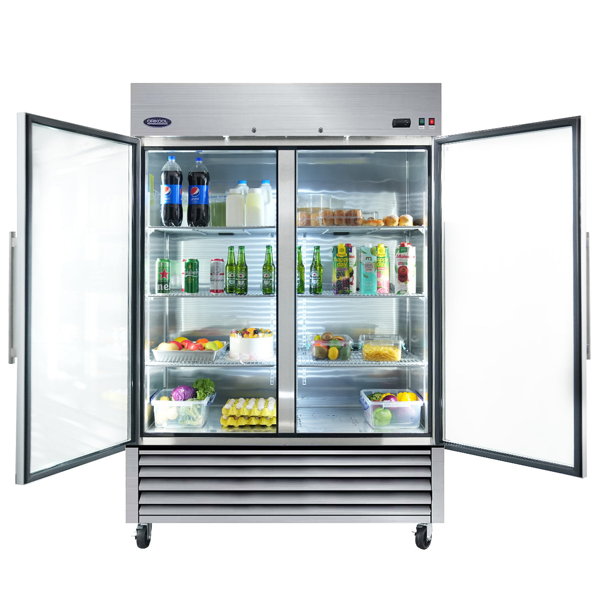 ORIKOOL 54" Commercial Reach-In Refrigerator in Stainless Steel, 2 Glass Doors, 49 cu.ft.