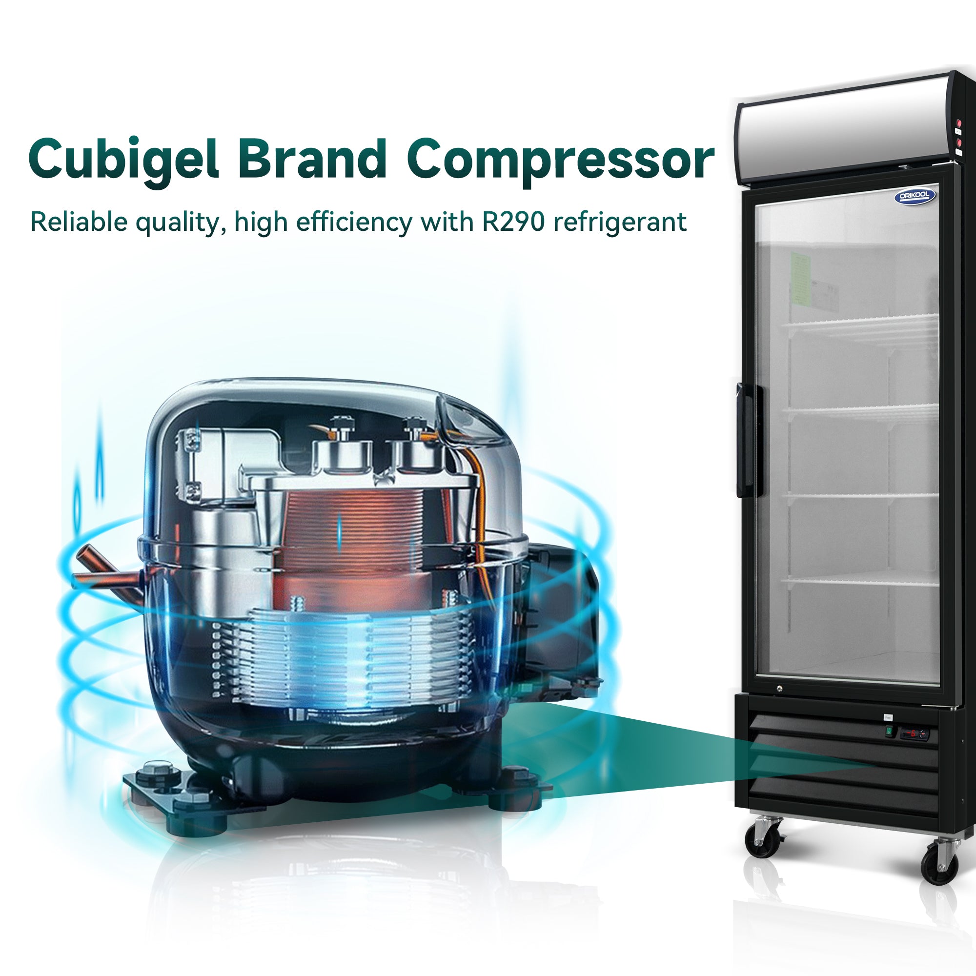 Expositor comercial ORIKOOL de 27", con puerta batiente de vidrio, 20 pies cúbicos, iluminación LED y panel superior.