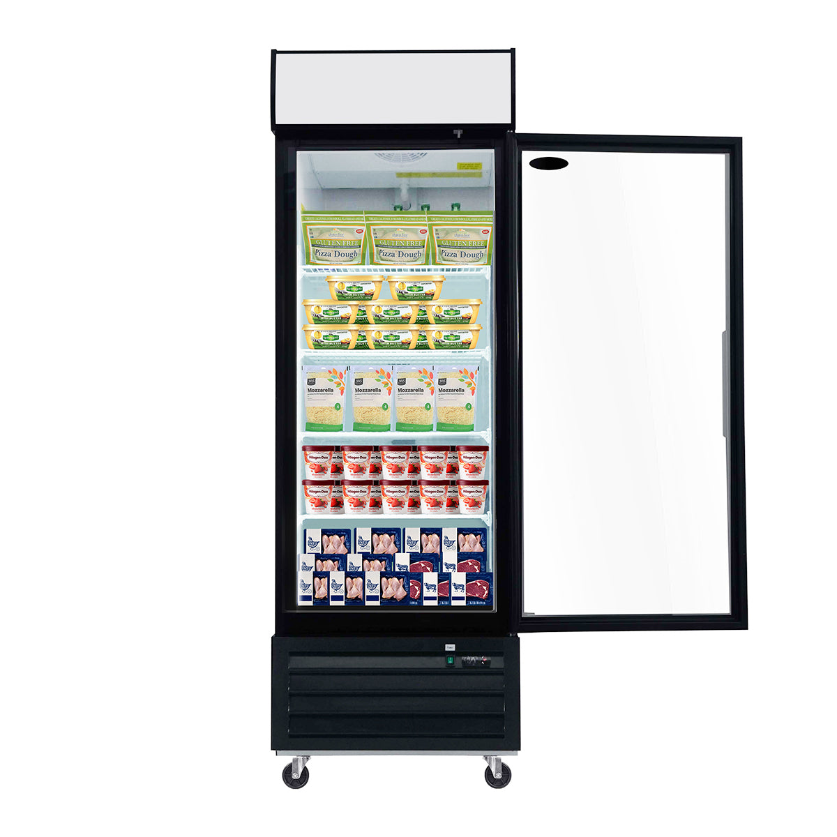 Expositor comercial ORIKOOL de 27", con puerta batiente de vidrio, 20 pies cúbicos, iluminación LED y panel superior.