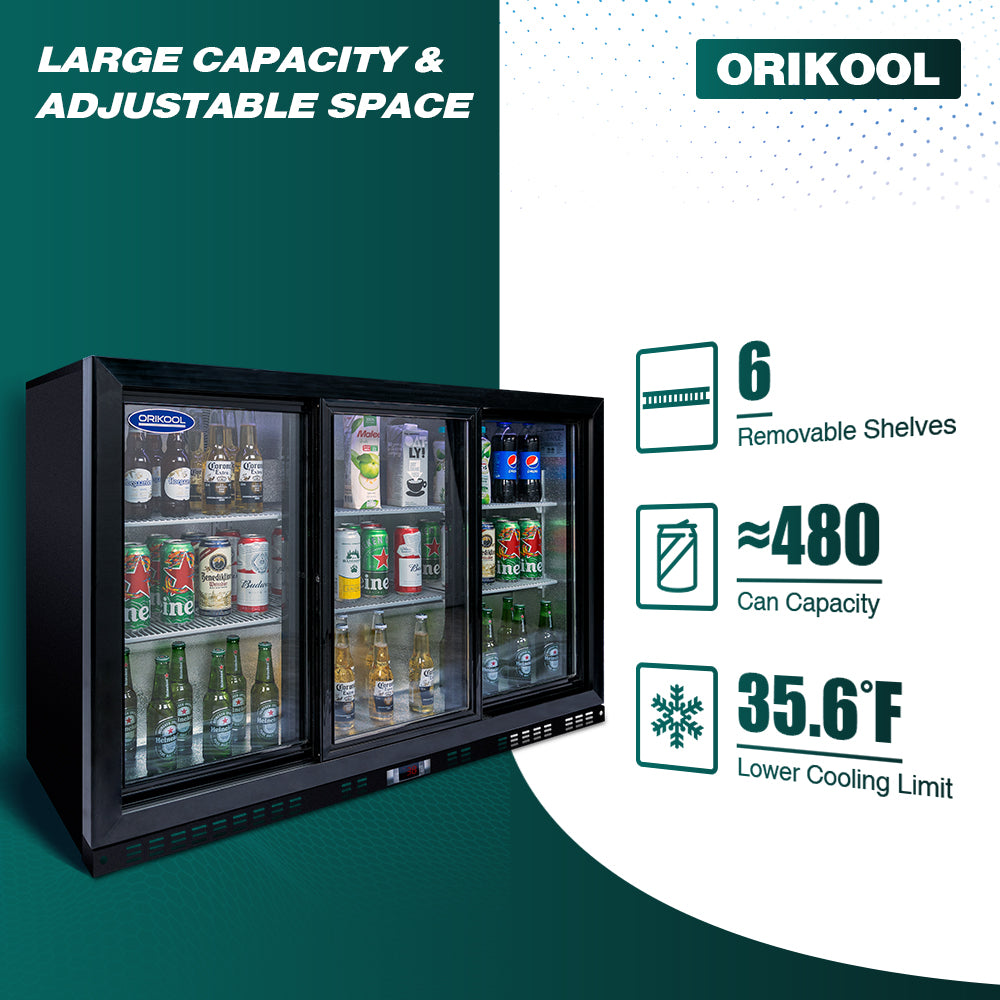 Refrigerador de bebidas ORIKOOL de 53'', enfriador de barra trasera con 3 puertas corredizas de vidrio, 11.3 pies cúbicos.