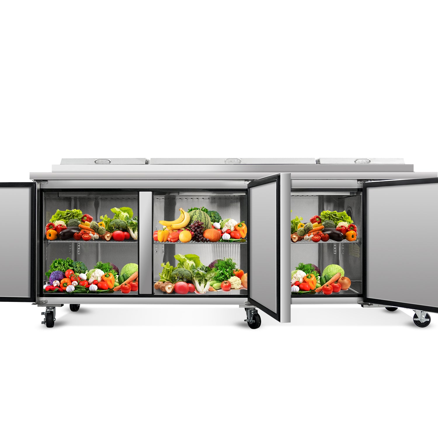 Refrigerador comercial de mesa de preparación de pizza ORIKOOL de 93'', 3 puertas, 12 bandejas, 30,8 pies cúbicos