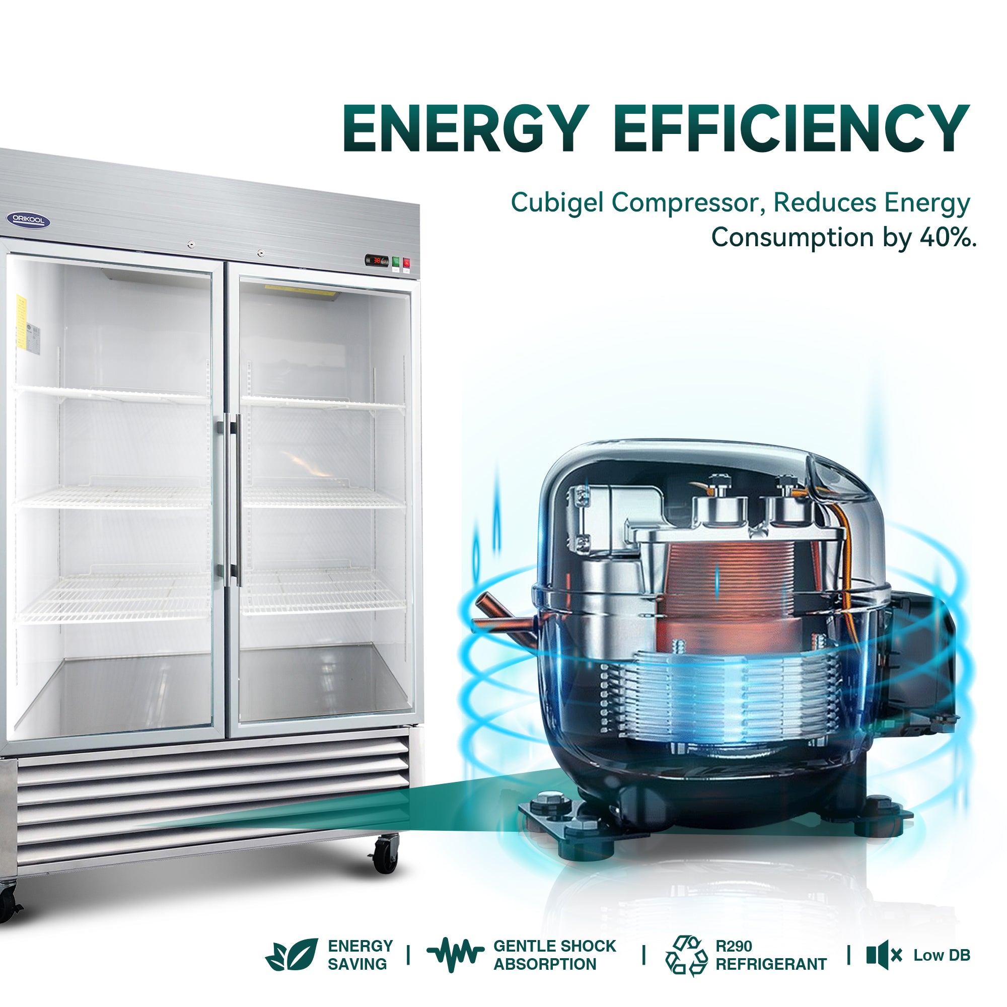 Refrigerador comercial ORIKOOL de 54" de acero inoxidable, 2 puertas de vidrio, 49 pies cúbicos.