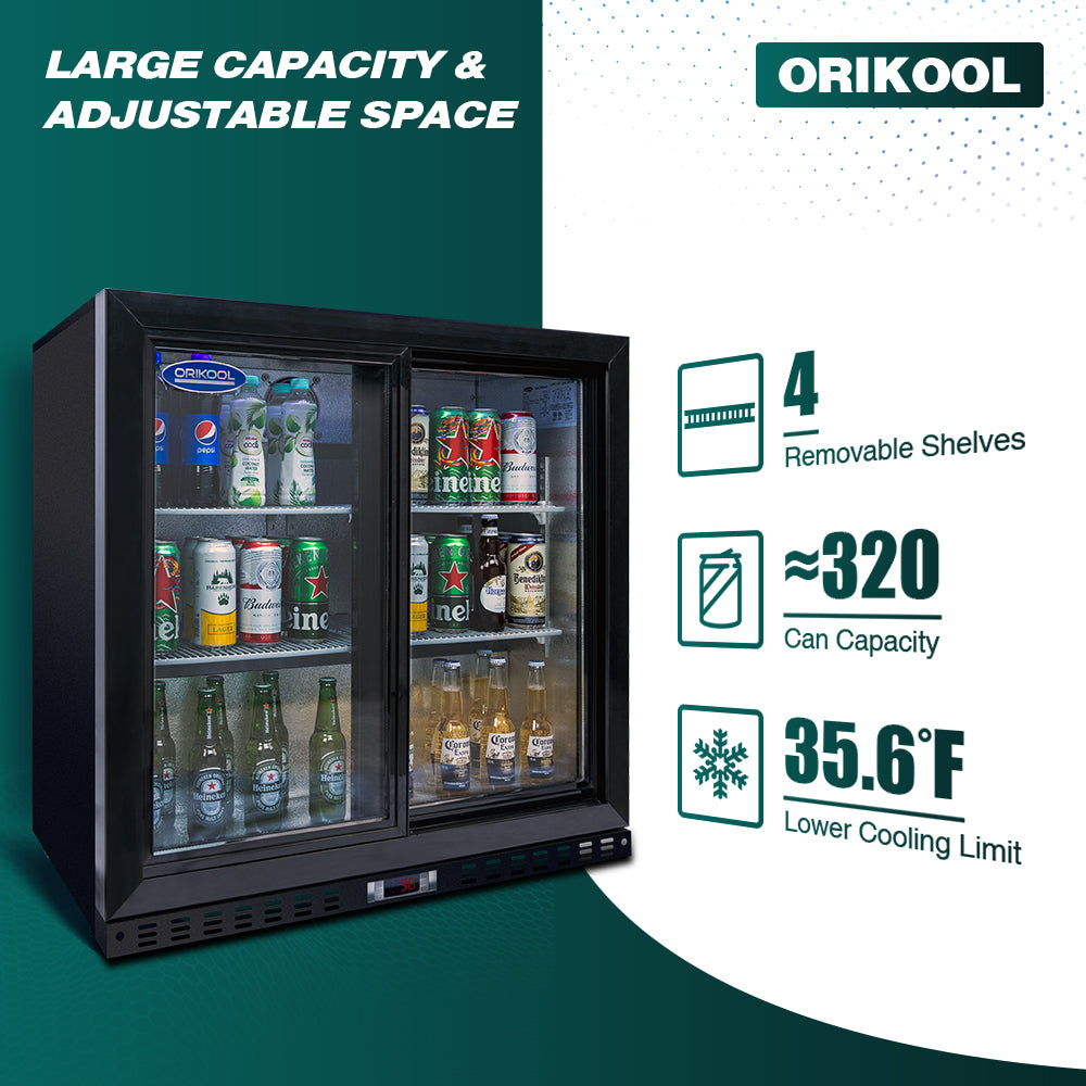 Refrigerador de bebidas ORIKOOL de 35'', enfriador con barra trasera y 2 puertas corredizas de vidrio, 7.4 pies cúbicos.