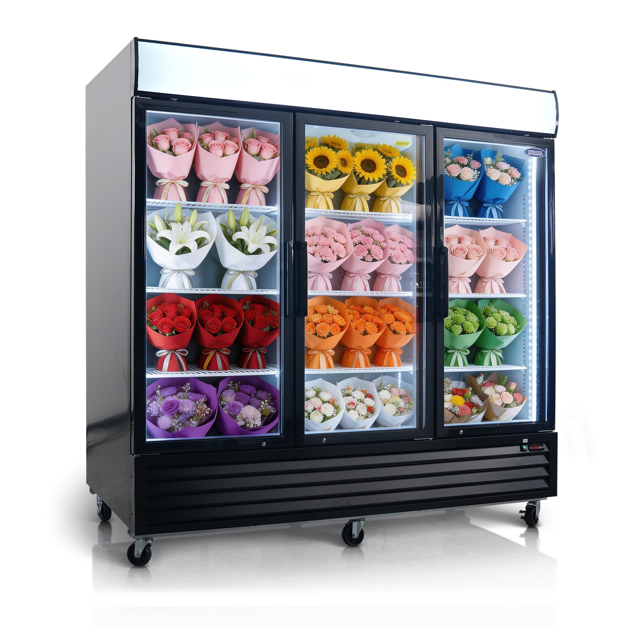 ORIKOOL 81" Commercial Flower Display Merchandiser Refrigerator, 3 Swing Glass Doors, 70 cu.ft. with LED Lighting and Top Panel - Orikool