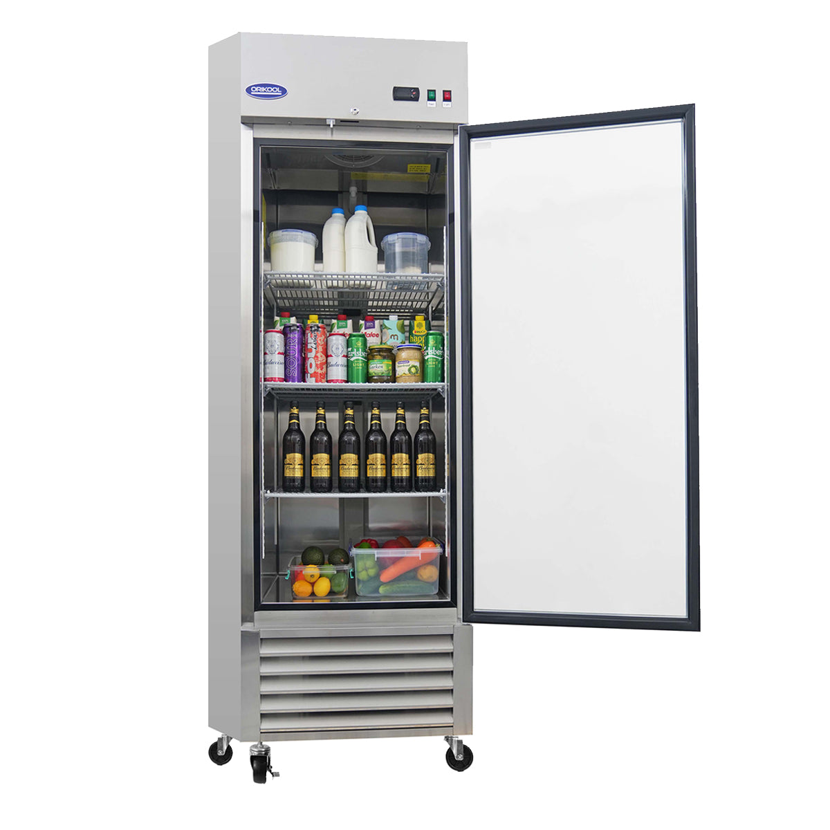 Refrigerador comercial ORIKOOL de 27" de acero inoxidable, 1 puerta de vidrio, 23 pies cúbicos.