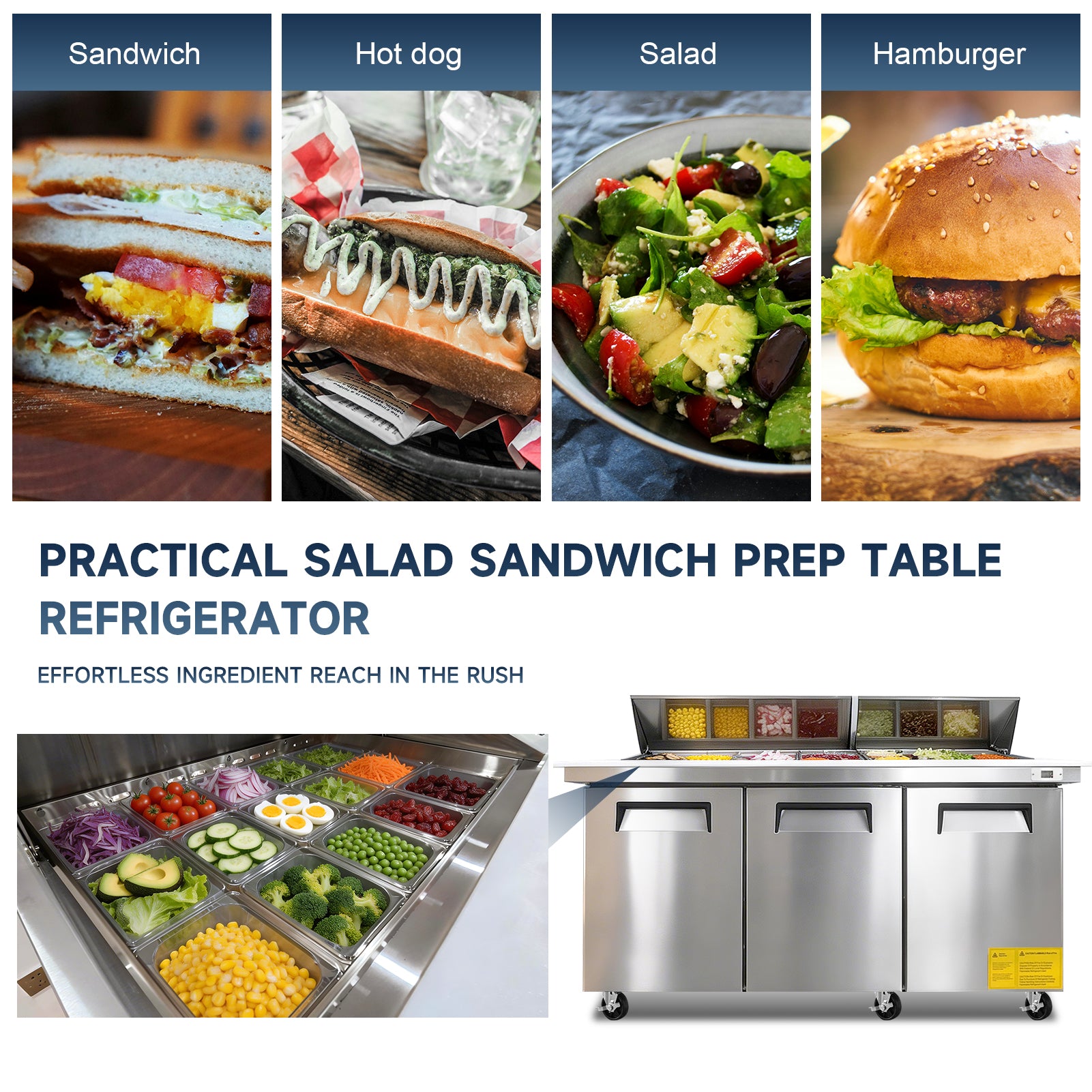 72"W Commercial Sandwich Prep Table Refrigerator - Stainless Steel Door with 30 Pans, 20 Cu.Ft Capacity, Auto Defrost, Digital Temperature Control for Restaurants, Delis, Catering & Convenience Stores