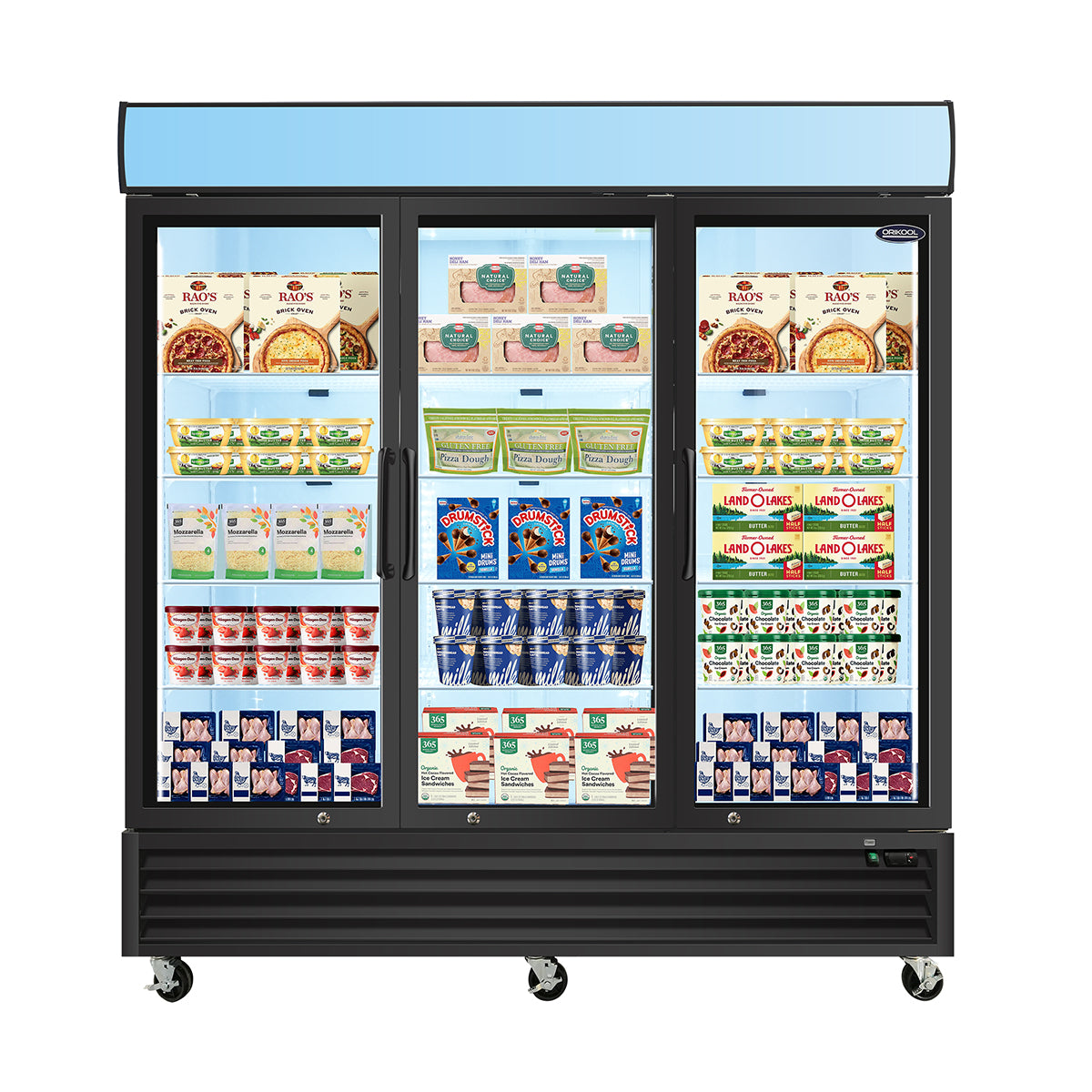 ORIKOOL 81" Commercial Display Merchandiser Freezer, 3 Swing Glass Doors, 70 cu.ft. with LED Lighting and Top Panel