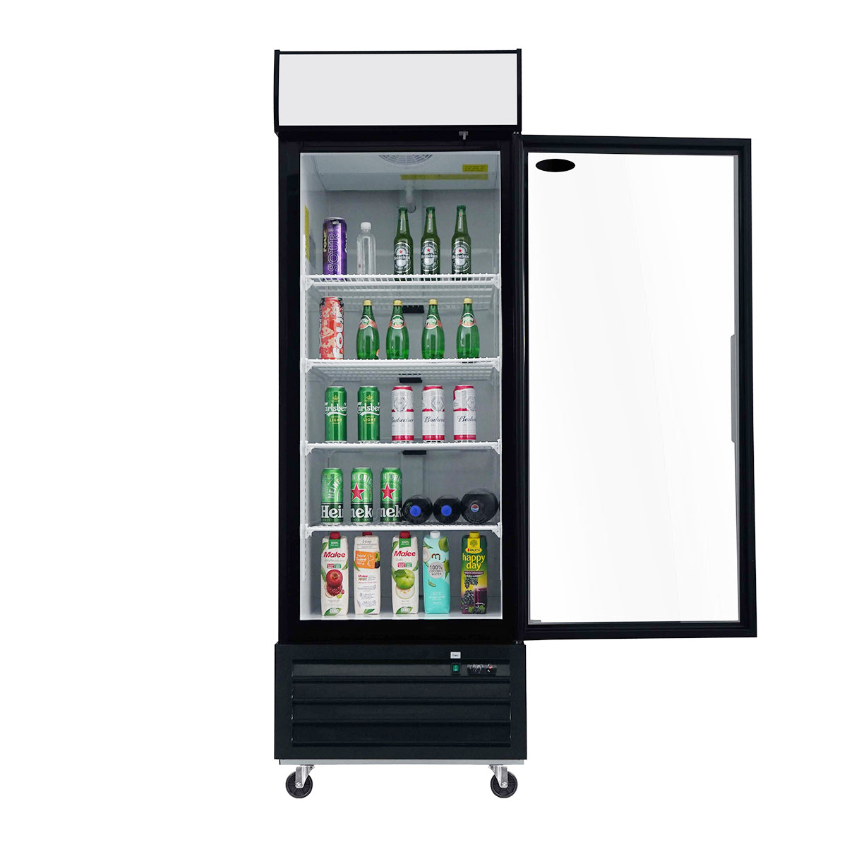 Refrigerador comercial ORIKOOL de 27", 1 puerta abatible de vidrio, 20 pies cúbicos con iluminación LED y panel superior