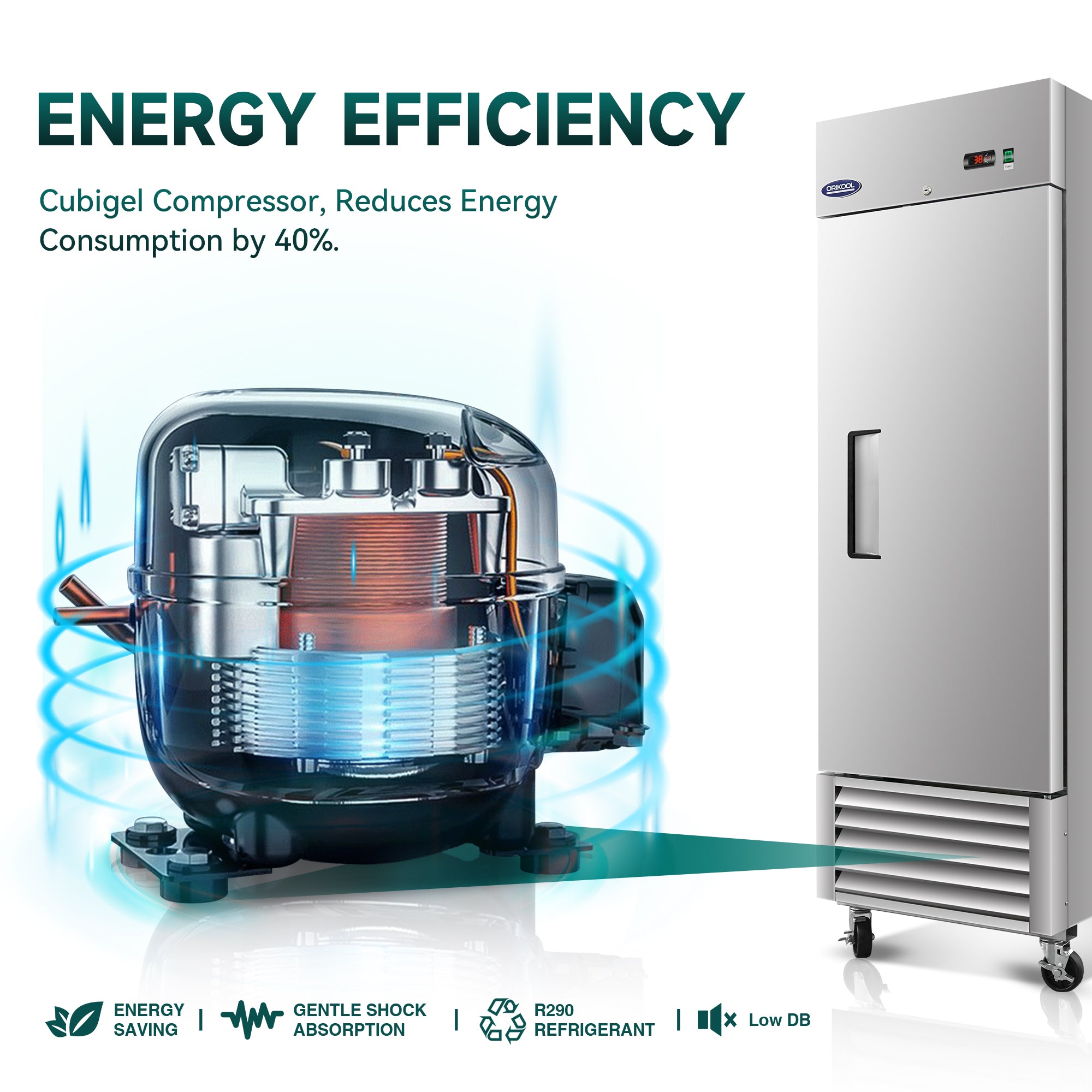 Refrigerador comercial ORIKOOL de 27" de acero inoxidable, 1 puerta sólida, 23 pies cúbicos.