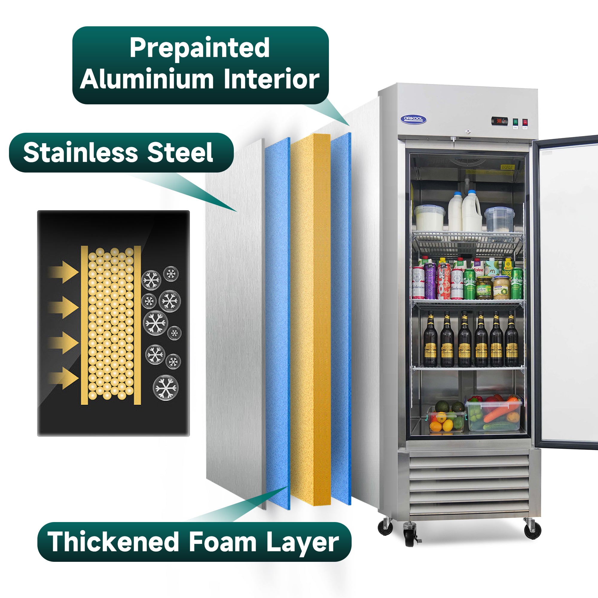 ORIKOOL 27" Commercial Reach-In Refrigerator in Stainless Steel, 1 Glass Door, 23 cu.ft.
