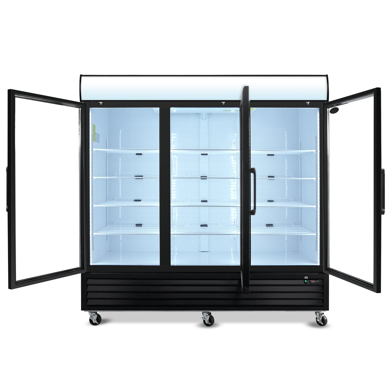 Expositor comercial ORIKOOL de 81", 3 puertas batientes de vidrio, 70 pies cúbicos, con iluminación LED y panel superior