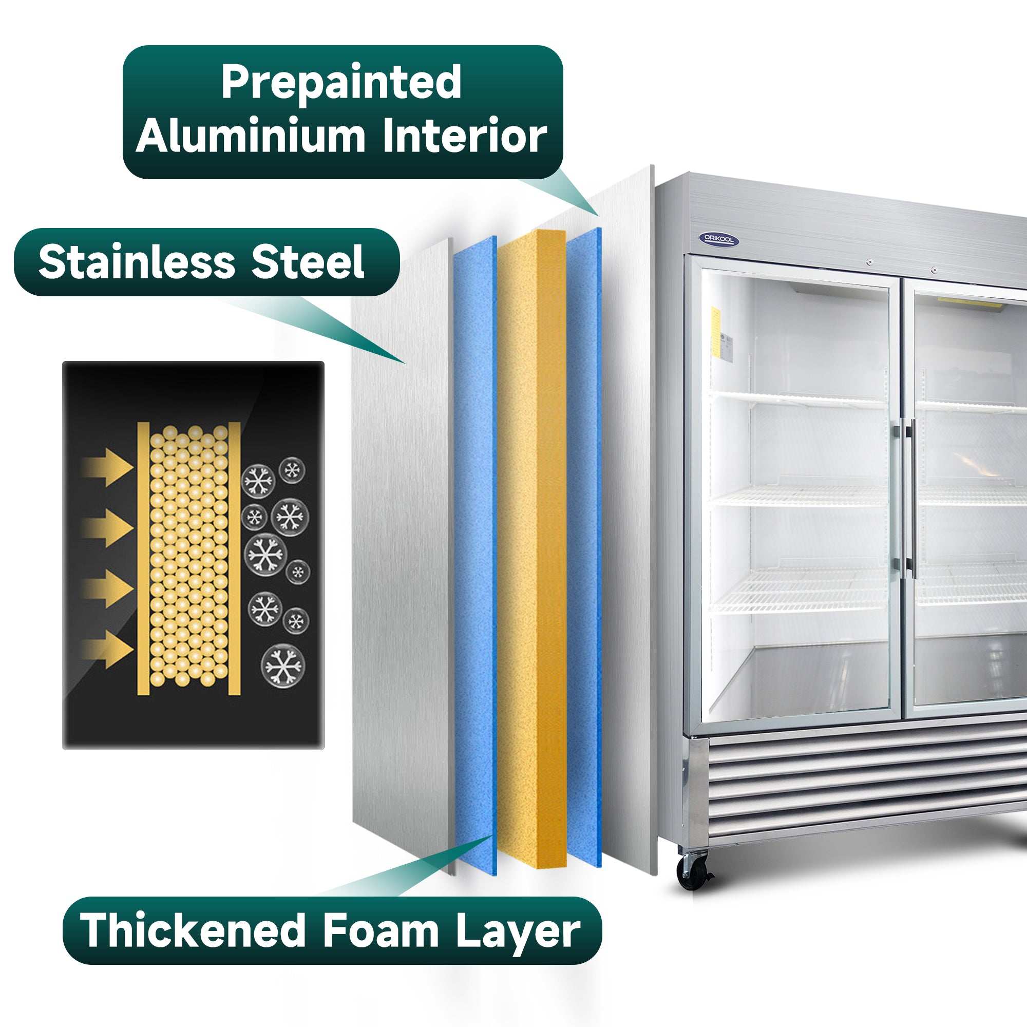 Refrigerador comercial ORIKOOL de 54" de acero inoxidable, 2 puertas de vidrio, 49 pies cúbicos.