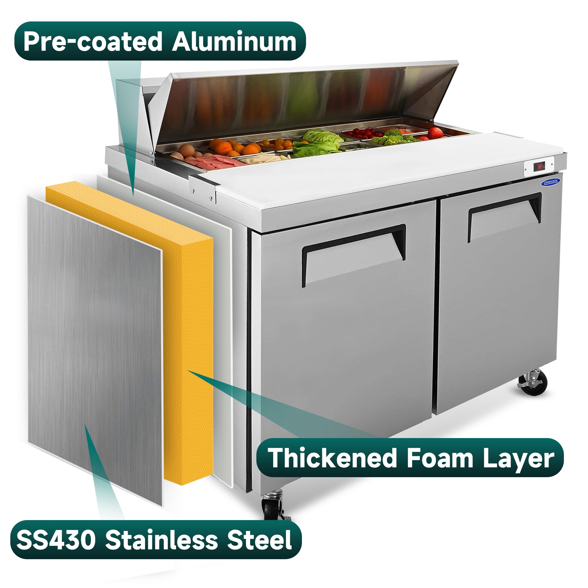 ORIKOOL 48" Salad Sandwich Prep Table Refrigerator, 14 Cu. ft Stainless Steel with 12 Pans