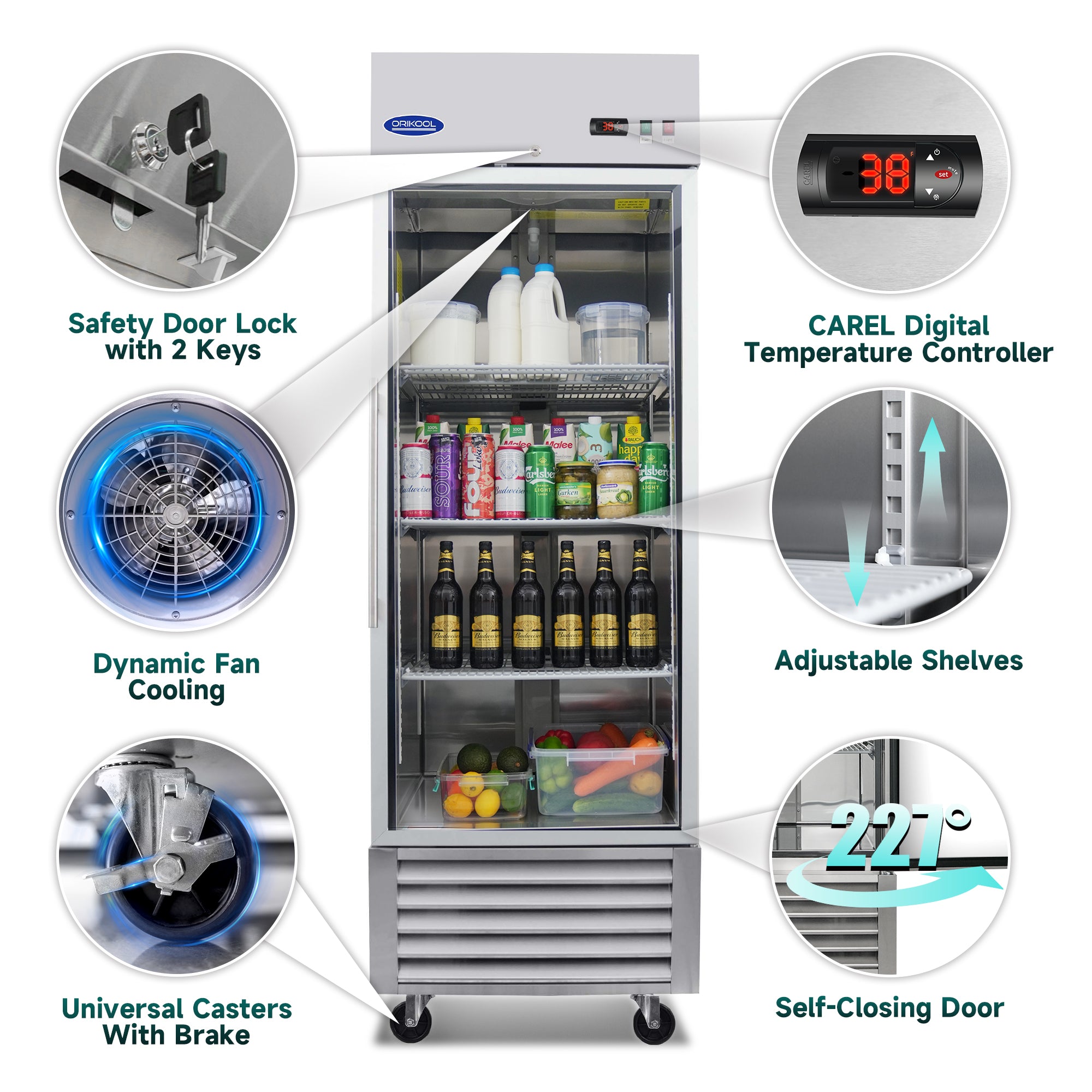 ORIKOOL 27" Commercial Reach-In Refrigerator in Stainless Steel, 1 Glass Door, 23 cu.ft.