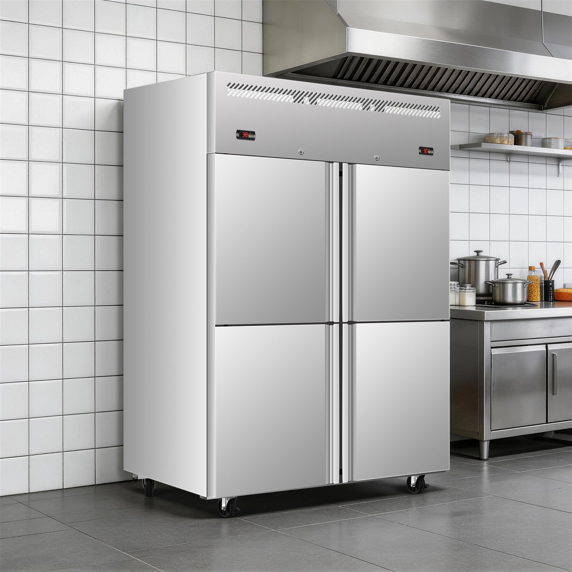 48" W Commercial Refrigerator and Freezer Combo, 32 CU.FT 4 Door Reach-In Fridge Freezer, Left Refrigerator Right Freezer, Dual Compressor, Stainless Steel, Auto Defrost, Digital Control, 6 Shelves