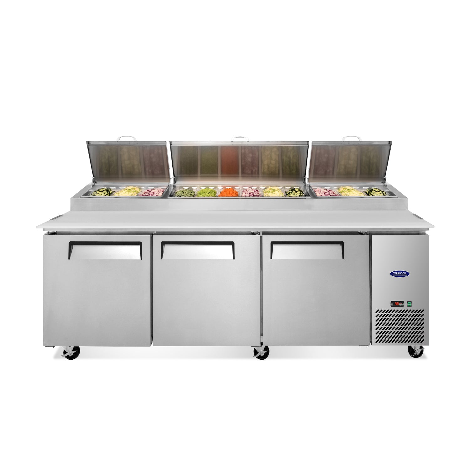 Refrigerador comercial de mesa de preparación de pizza ORIKOOL de 93'', 3 puertas, 12 bandejas, 30,8 pies cúbicos