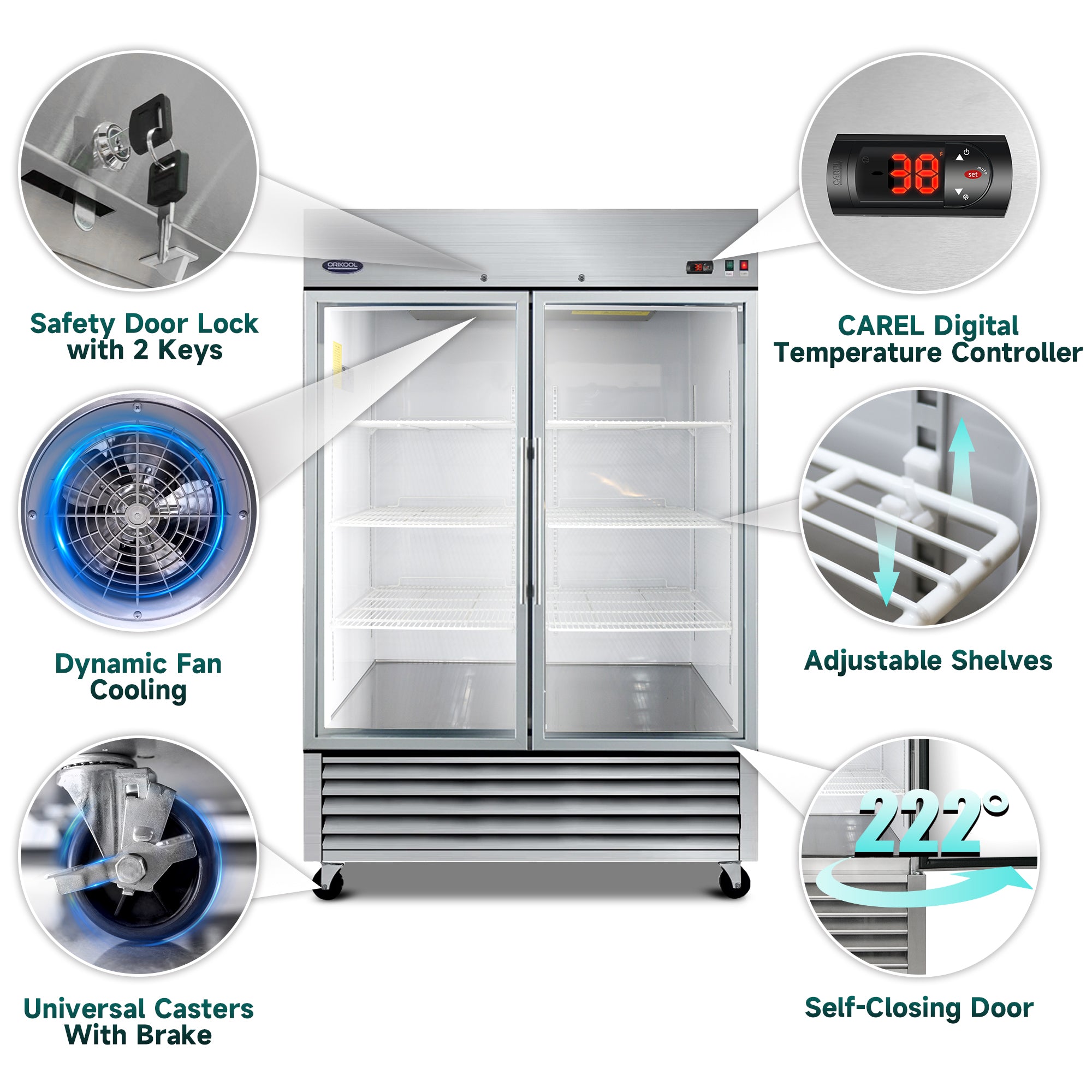 Refrigerador comercial ORIKOOL de 54" de acero inoxidable, 2 puertas de vidrio, 49 pies cúbicos.