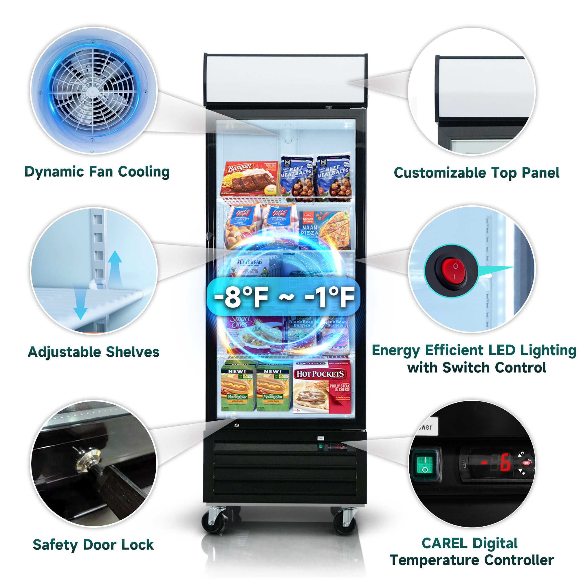 Expositor comercial ORIKOOL de 27", con puerta batiente de vidrio, 20 pies cúbicos, iluminación LED y panel superior.