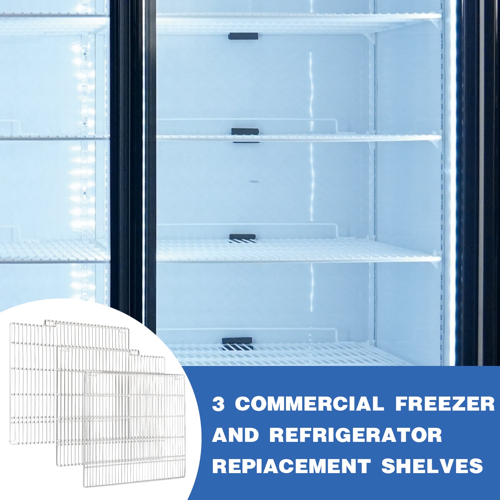 Commercial Freezer and Refrigerator Replacement Shelves for Three-Door Freezers, Set of 3, Epoxy-Coated Wire Shelves (SD2090F)