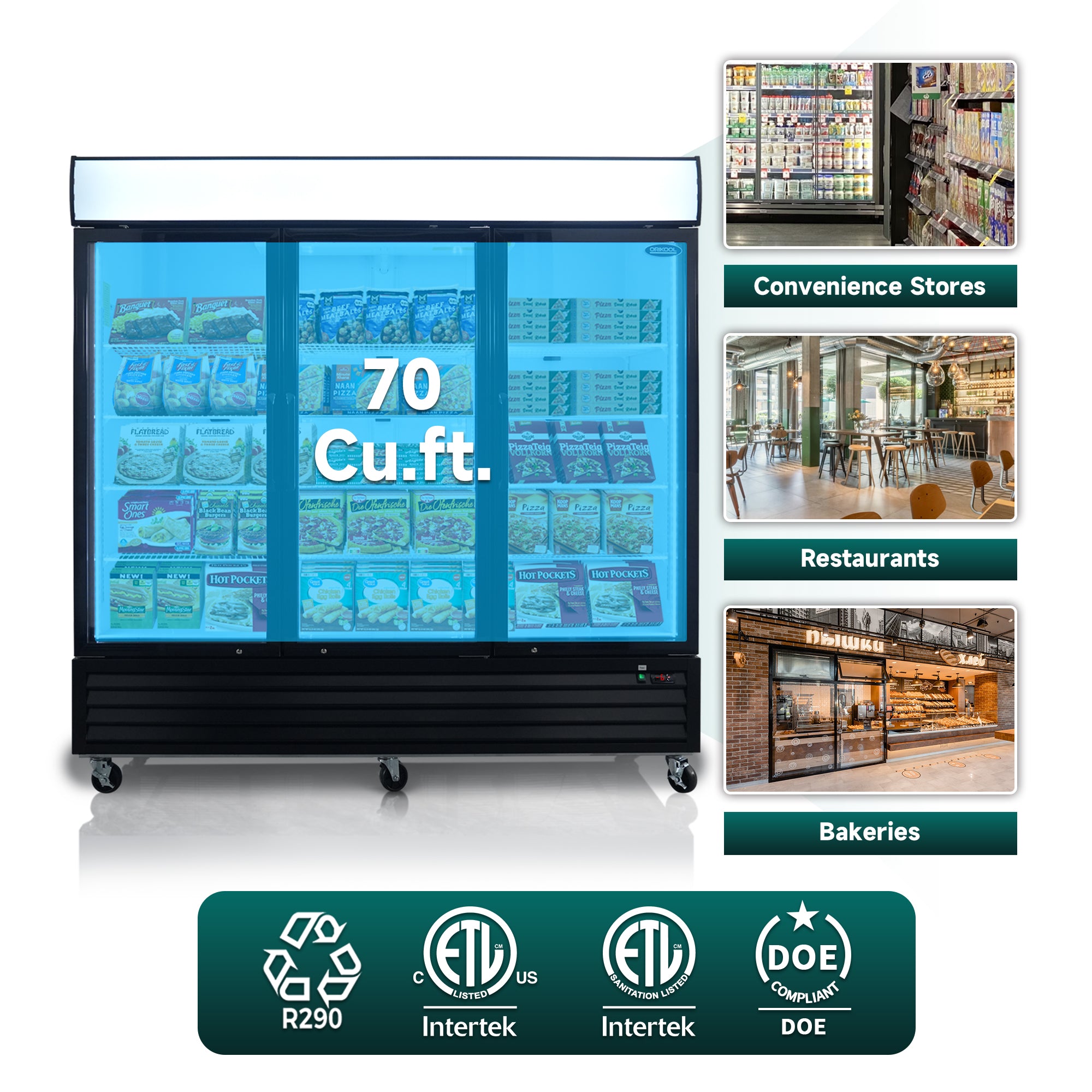 Expositor comercial ORIKOOL de 81", 3 puertas batientes de vidrio, 70 pies cúbicos, con iluminación LED y panel superior