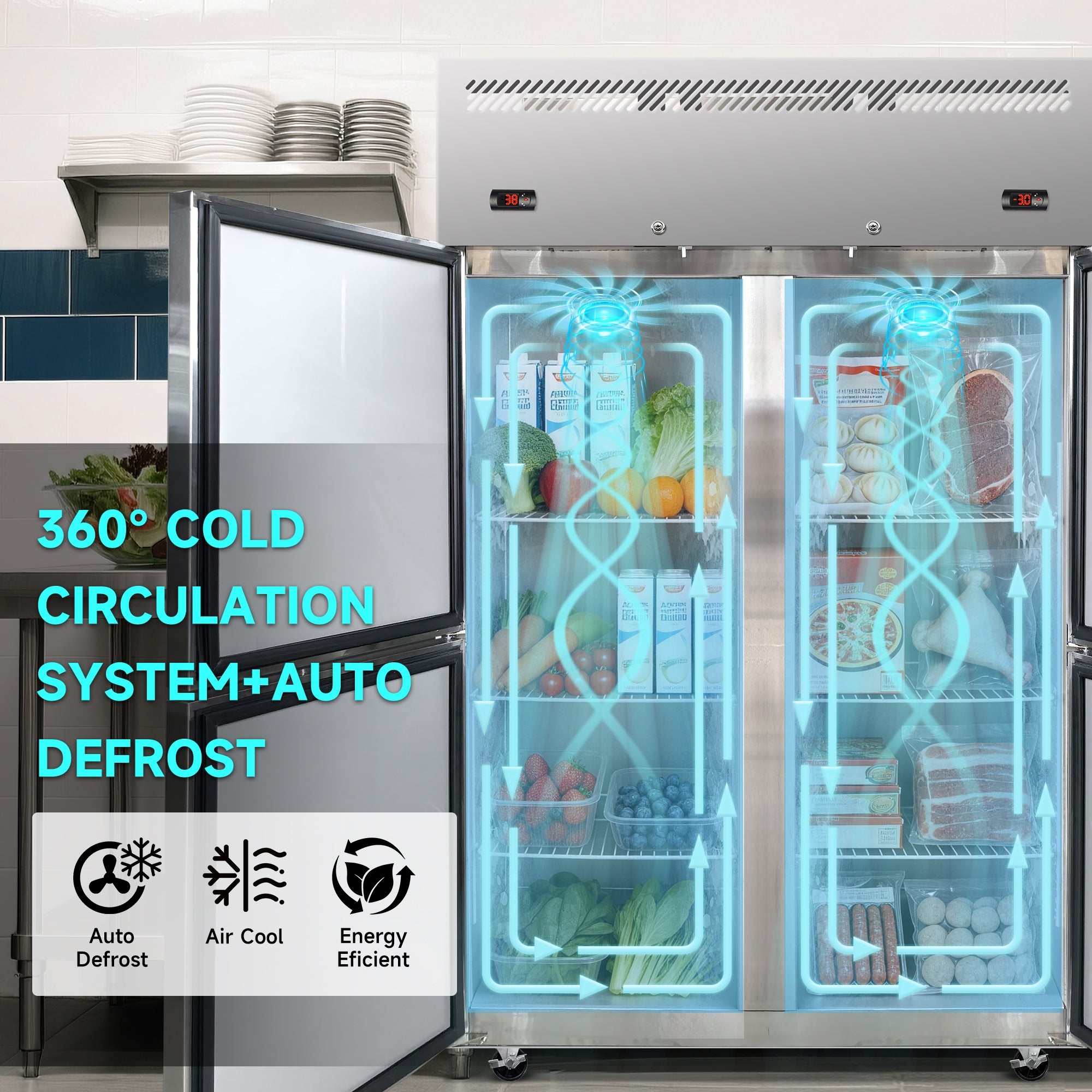 48" W Commercial Refrigerator and Freezer Combo, 32 CU.FT 4 Door Reach-In Fridge Freezer, Left Refrigerator Right Freezer, Dual Compressor, Stainless Steel, Auto Defrost, Digital Control, 6 Shelves