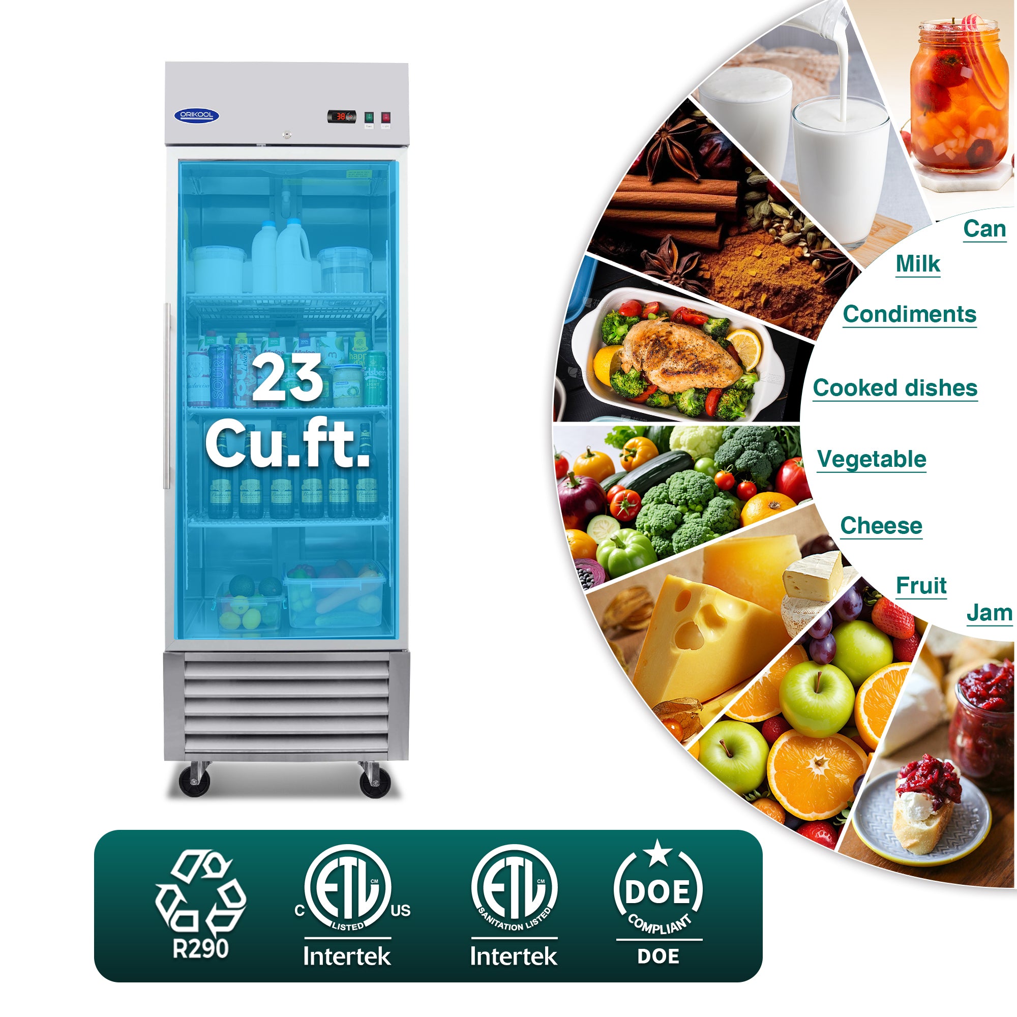 ORIKOOL 27" Commercial Reach-In Refrigerator in Stainless Steel, 1 Glass Door, 23 cu.ft.