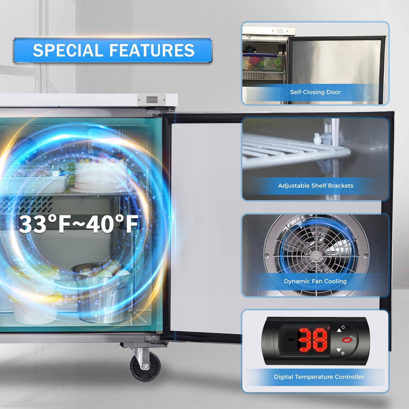 Refrigerador ORIKOOL de 29'' con puerta simple debajo del mostrador y encimera en acero inoxidable, 8 pies cúbicos.