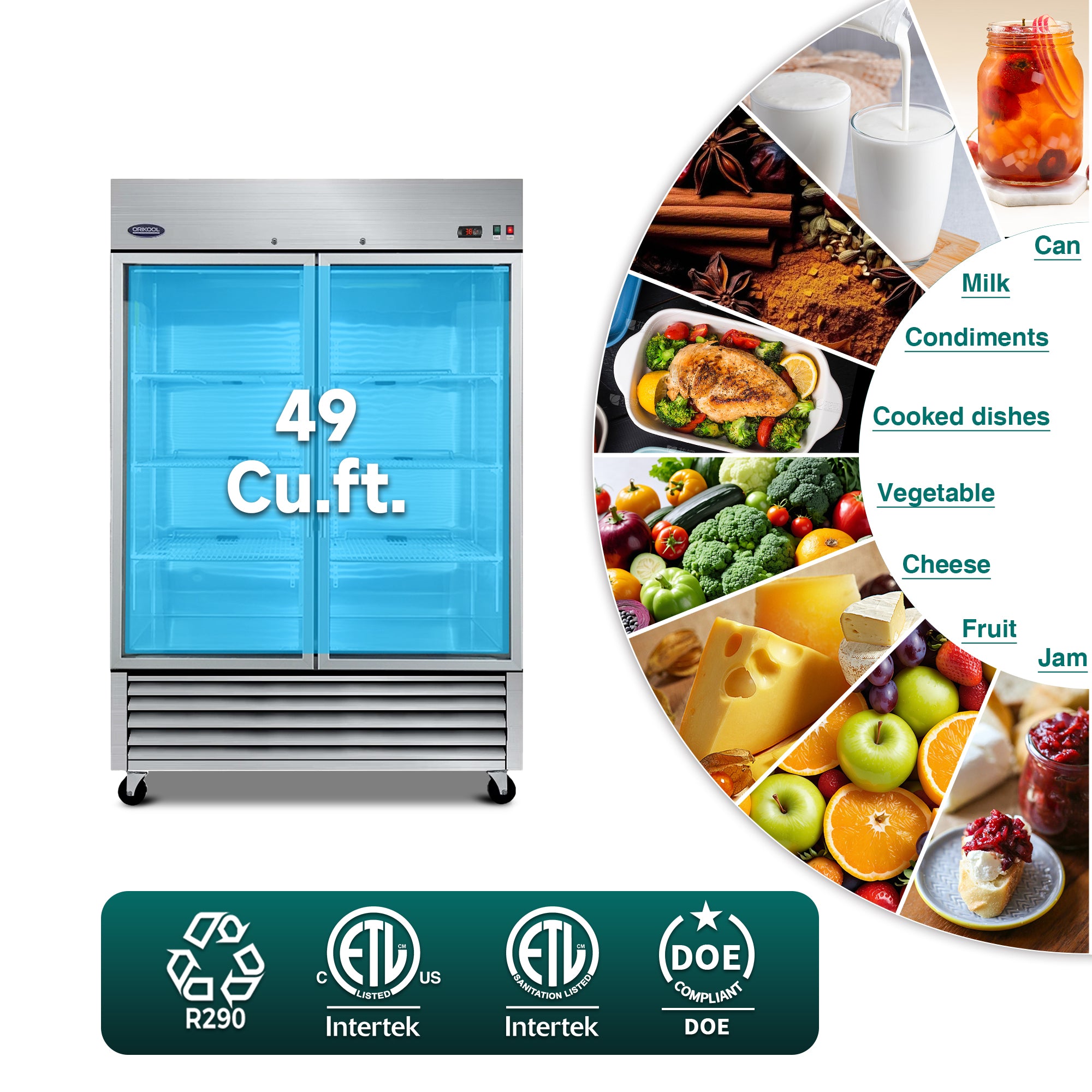 Refrigerador comercial ORIKOOL de 54" de acero inoxidable, 2 puertas de vidrio, 49 pies cúbicos.