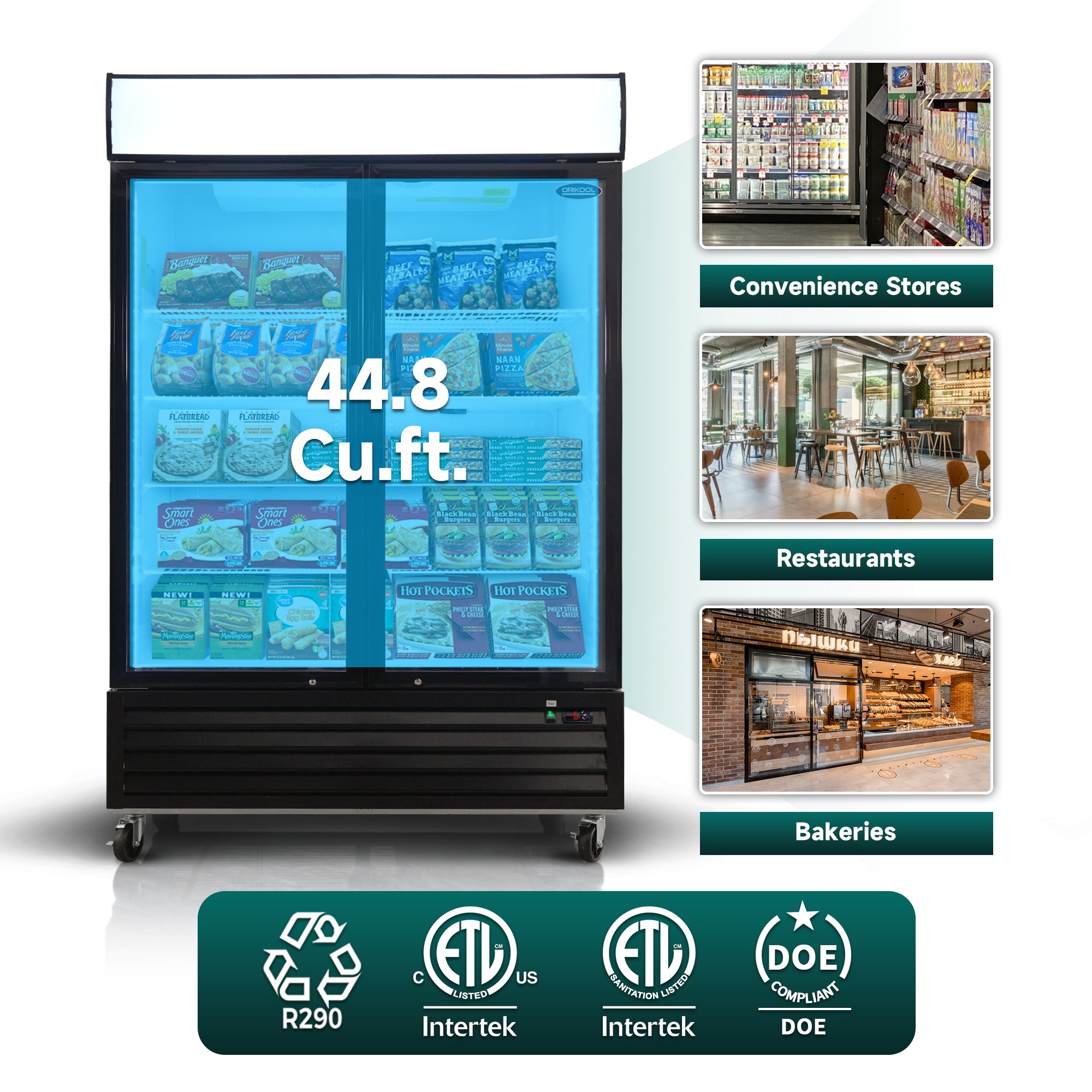 Expositor comercial ORIKOOL de 54", 2 puertas batientes de vidrio, 44.8 pies cúbicos, con iluminación LED y panel superior