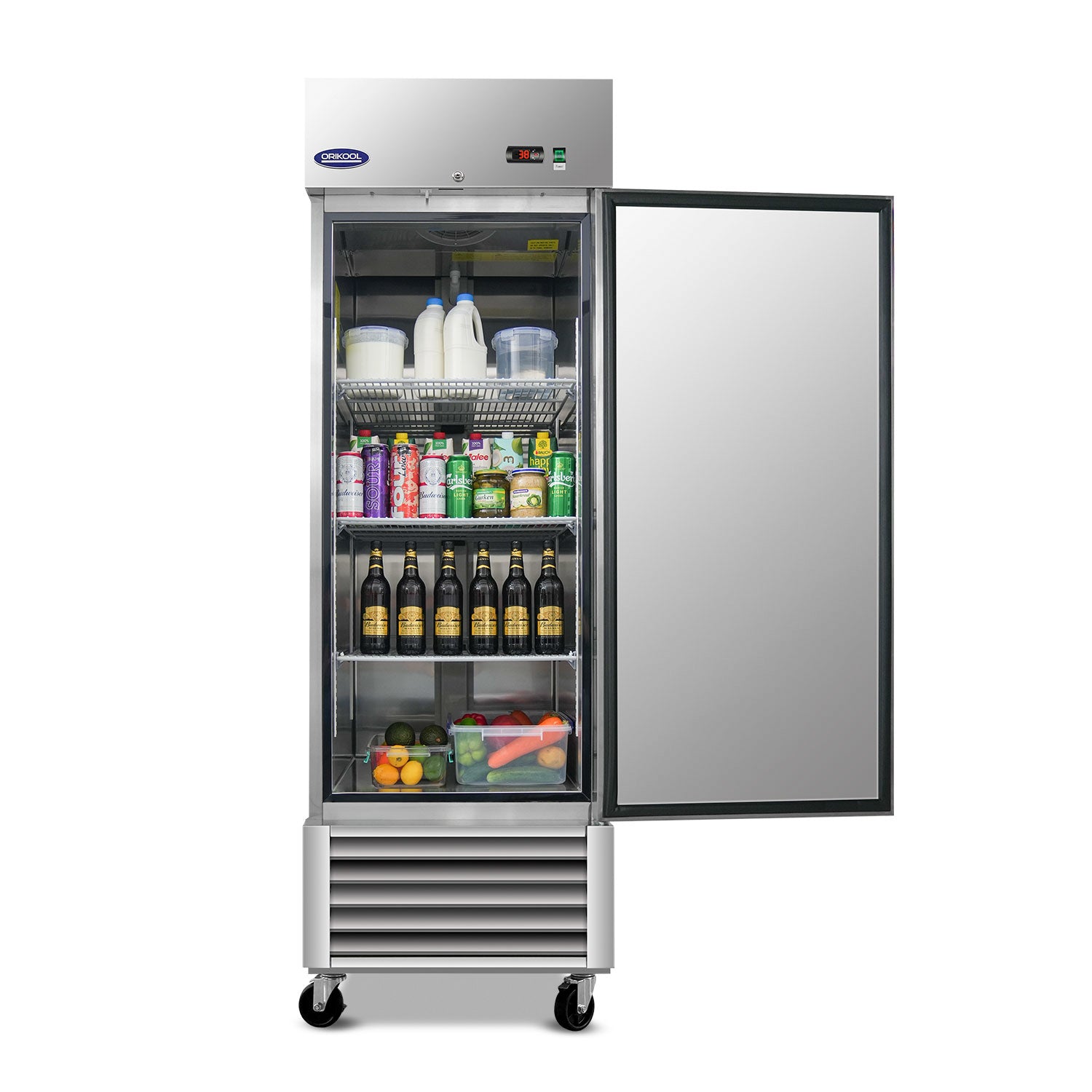 Refrigerador comercial ORIKOOL de 27" de acero inoxidable, 1 puerta sólida, 23 pies cúbicos.