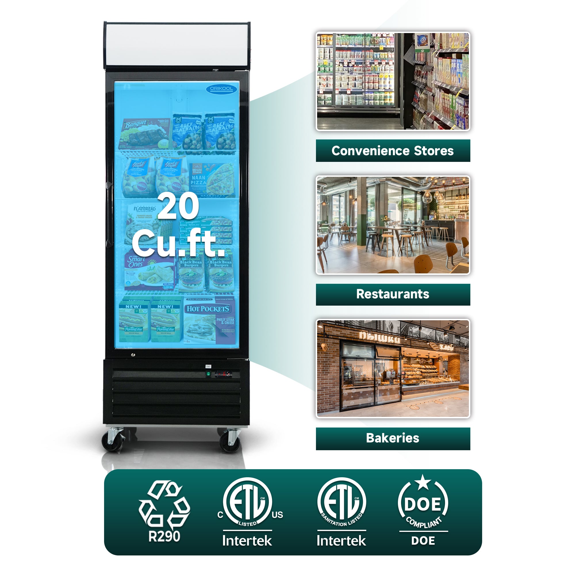 Expositor comercial ORIKOOL de 27", con puerta batiente de vidrio, 20 pies cúbicos, iluminación LED y panel superior.