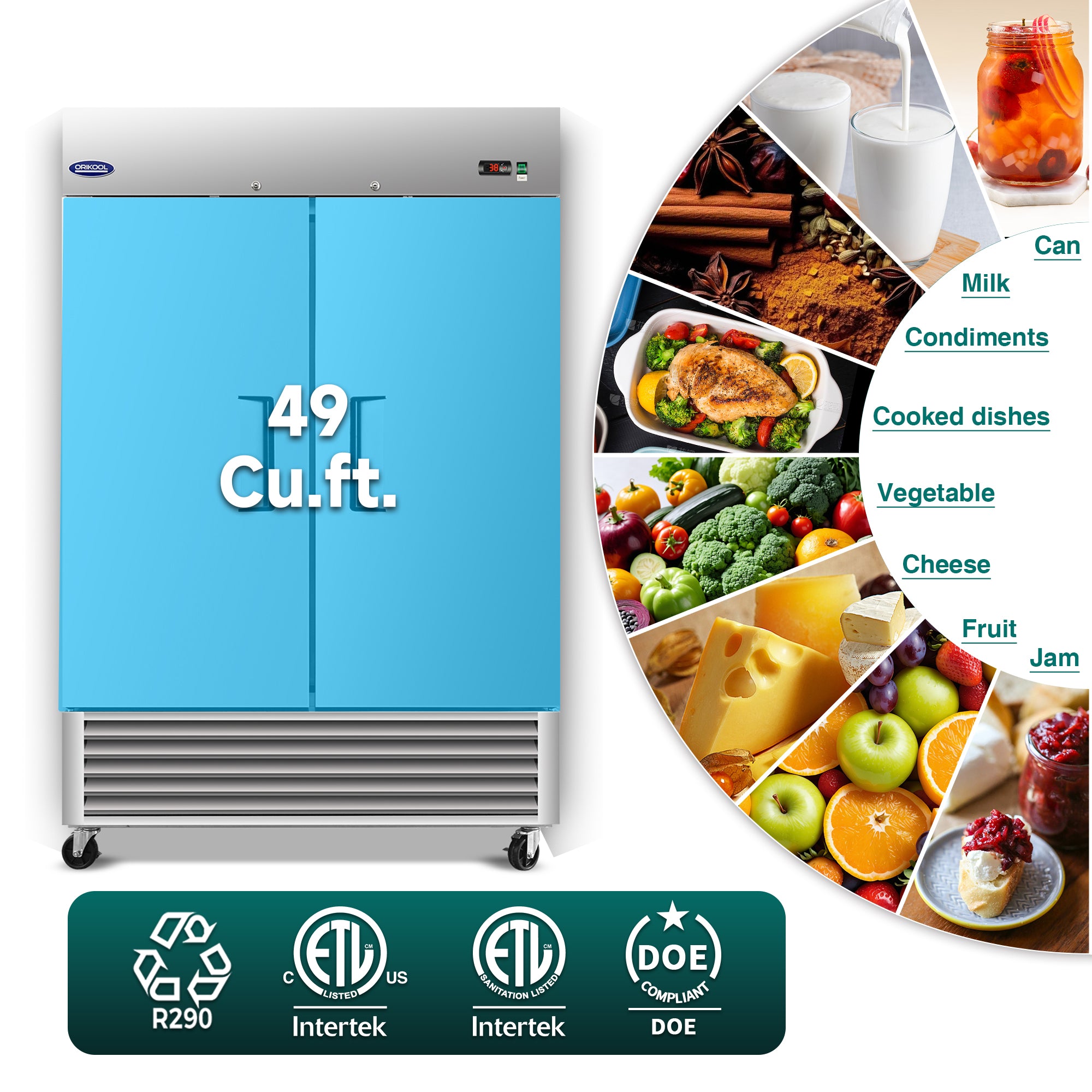 ORIKOOL 54" Commercial Reach-In Refrigerator in Stainless Steel, 2 Solid Doors, 49 cu.ft.