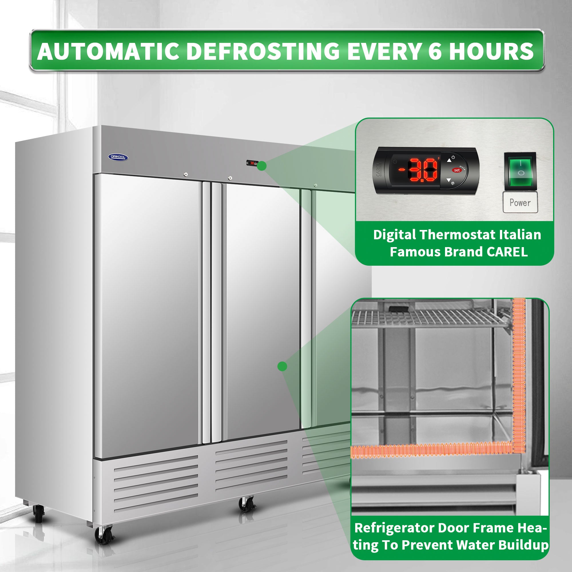 Orikool 81"W Commercial Reach-in Upright Freezer - Low Noise & Energy Saving, Stainless Steel Freezer, 12 Adjustable Shelves, LED Lighting, 72 Cu.ft, Automatic defrost, Digital Temperature Control