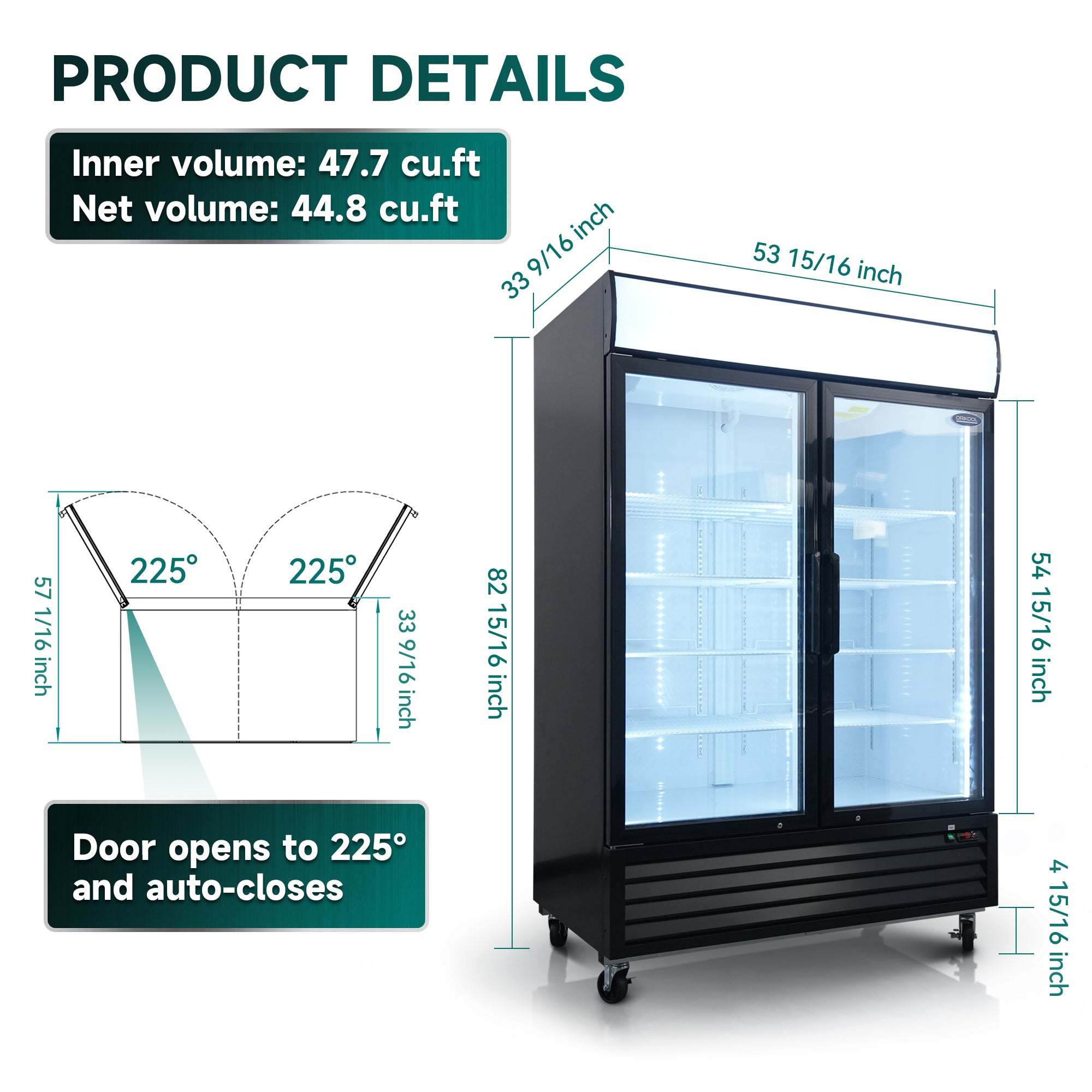 Expositor comercial ORIKOOL de 54", 2 puertas batientes de vidrio, 44.8 pies cúbicos, con iluminación LED y panel superior